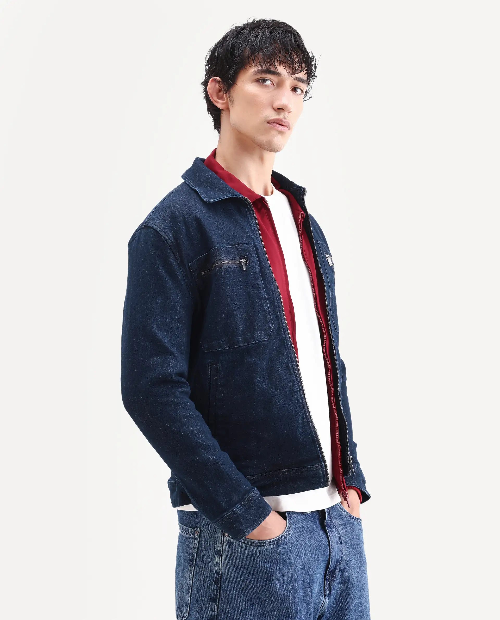 Rare Rabbit Men's Denner Dark Blue Cotton Plain Relaxed Fit Full Sleeve Spread Collar Jacket