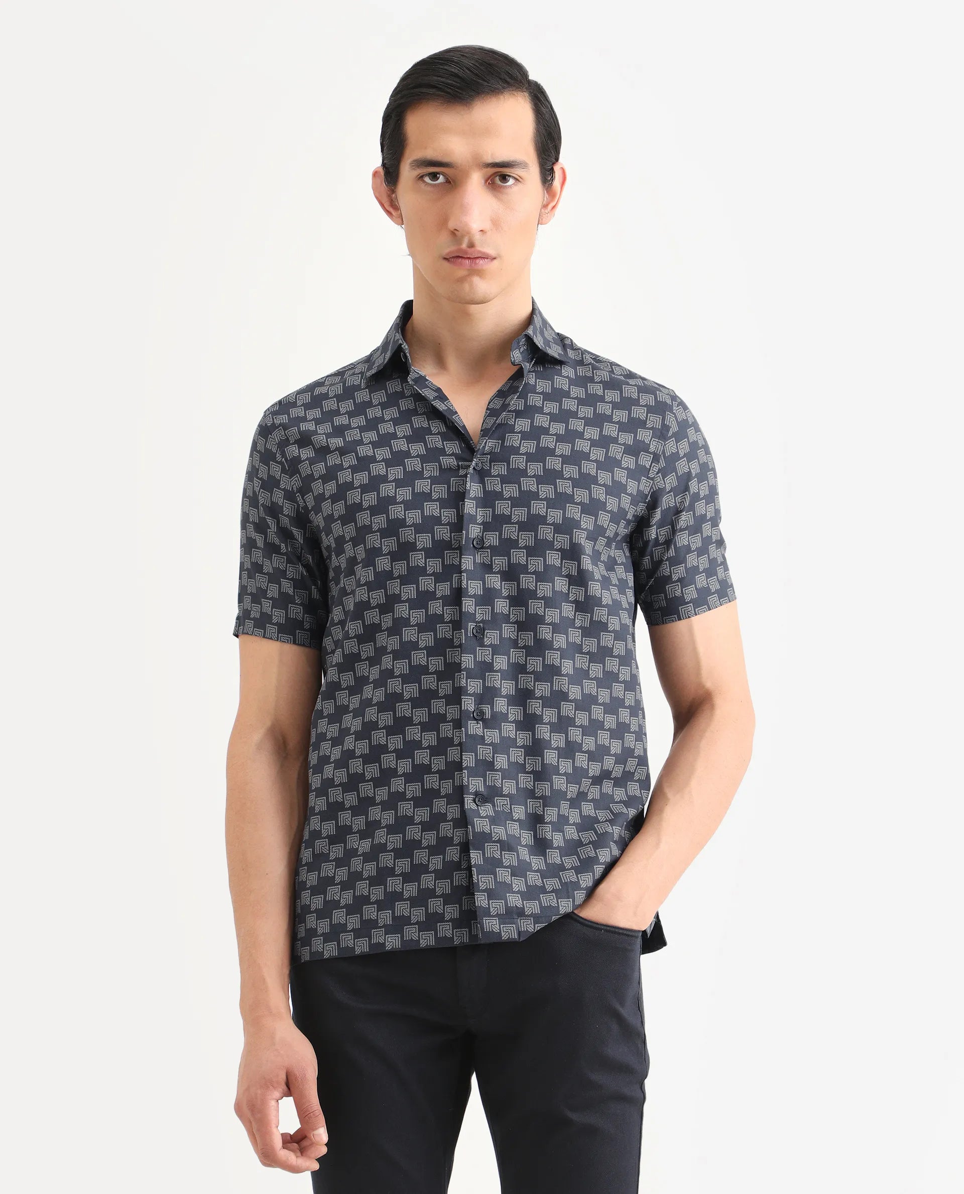 Rare Rabbit Men's Calo Navy Cotton Blend Monogram Print Boxy Fit Half Sleeve Collared Shirt