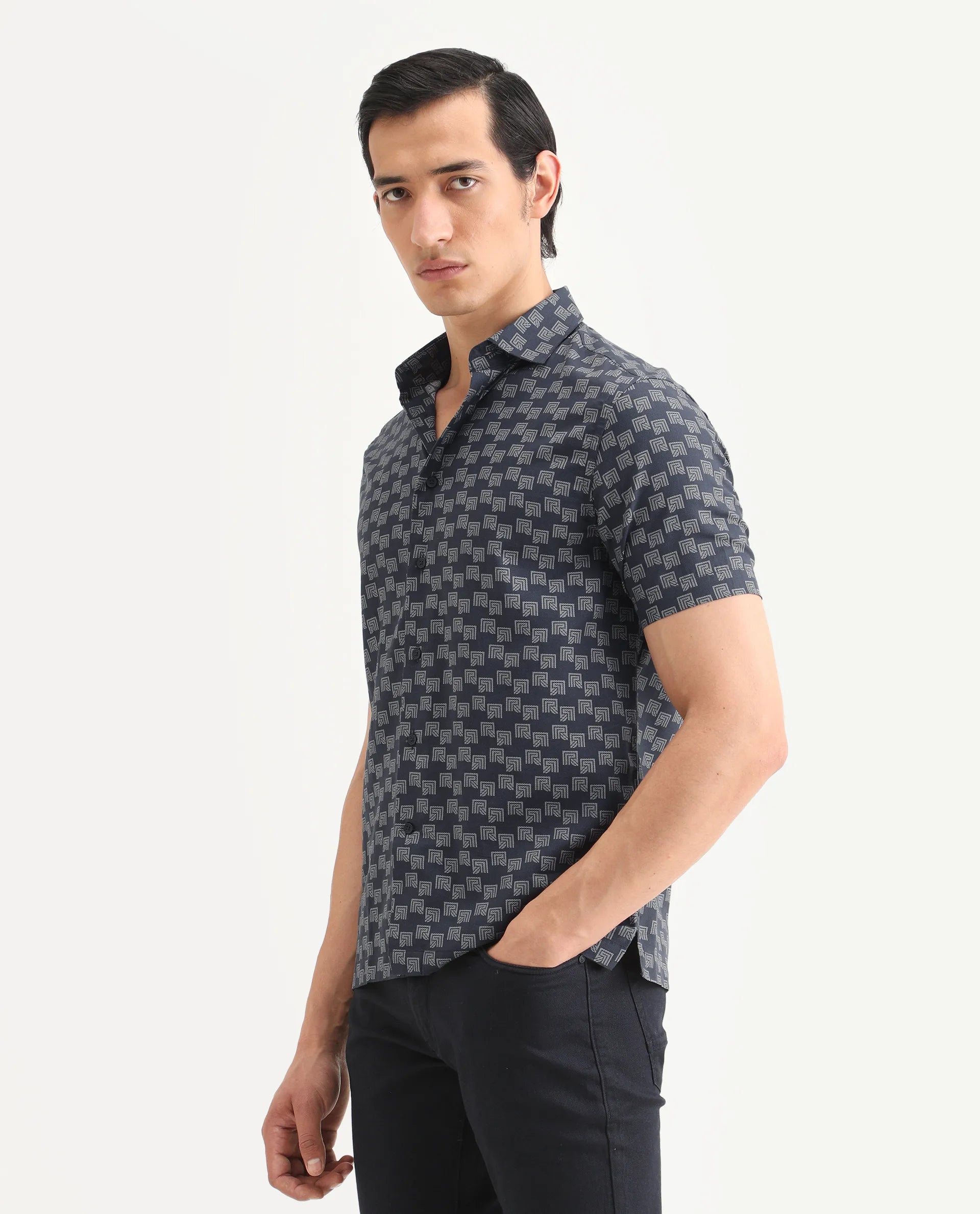 Rare Rabbit Men's Calo Navy Cotton Blend Monogram Print Boxy Fit Half Sleeve Collared Shirt