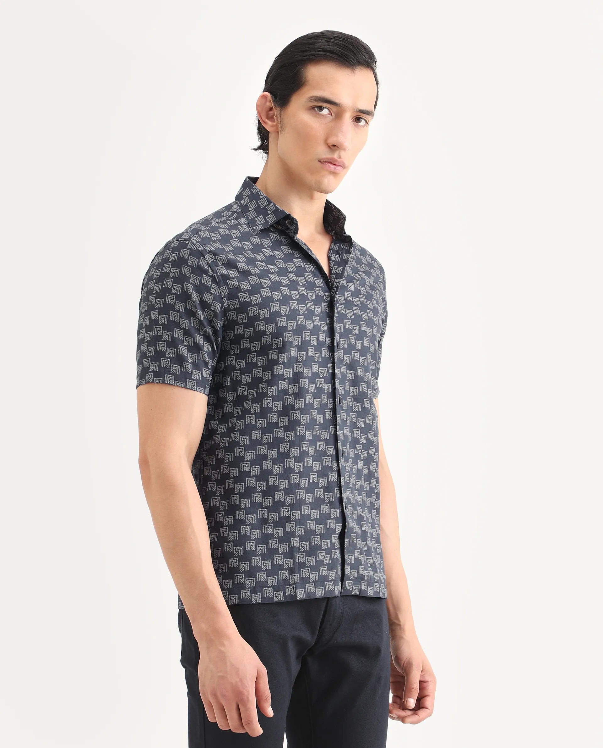 Rare Rabbit Men's Calo Navy Cotton Blend Monogram Print Boxy Fit Half Sleeve Collared Shirt