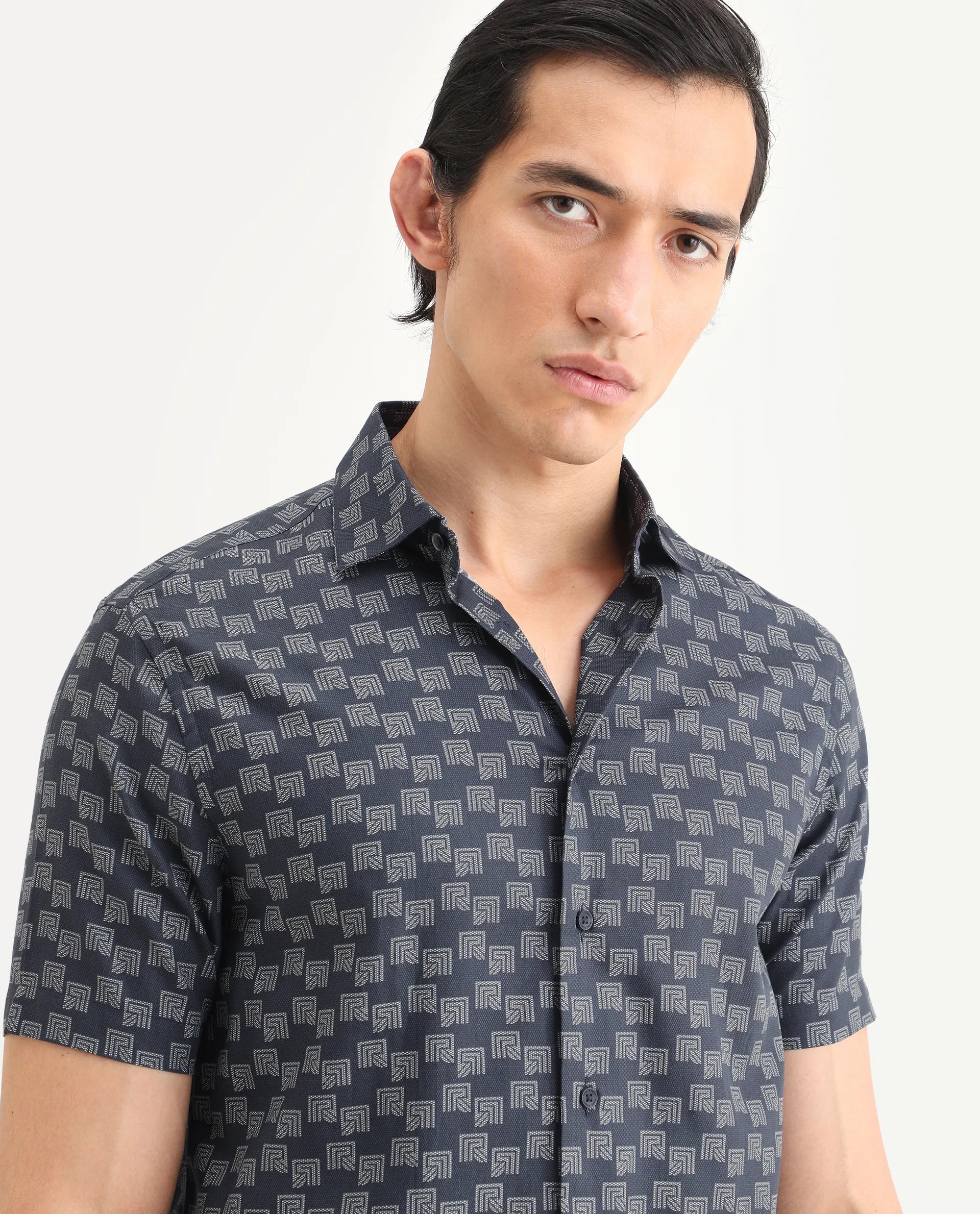 Rare Rabbit Men's Calo Navy Cotton Blend Monogram Print Boxy Fit Half Sleeve Collared Shirt