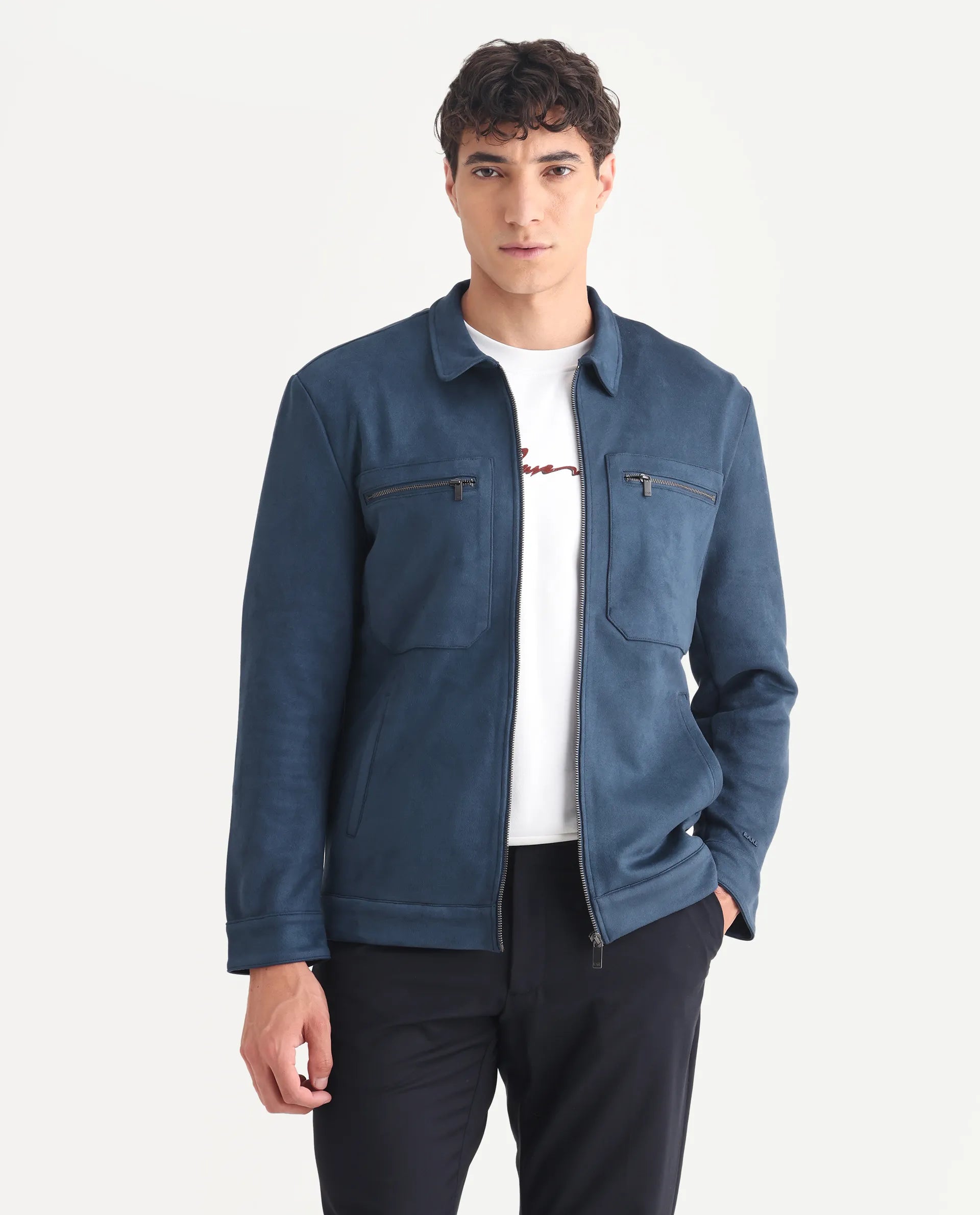 Rare Rabbit Men's Bax-3 Dark Blue Polyester Plain Relaxed Fit Full Sleeve Spread Collar Jacket