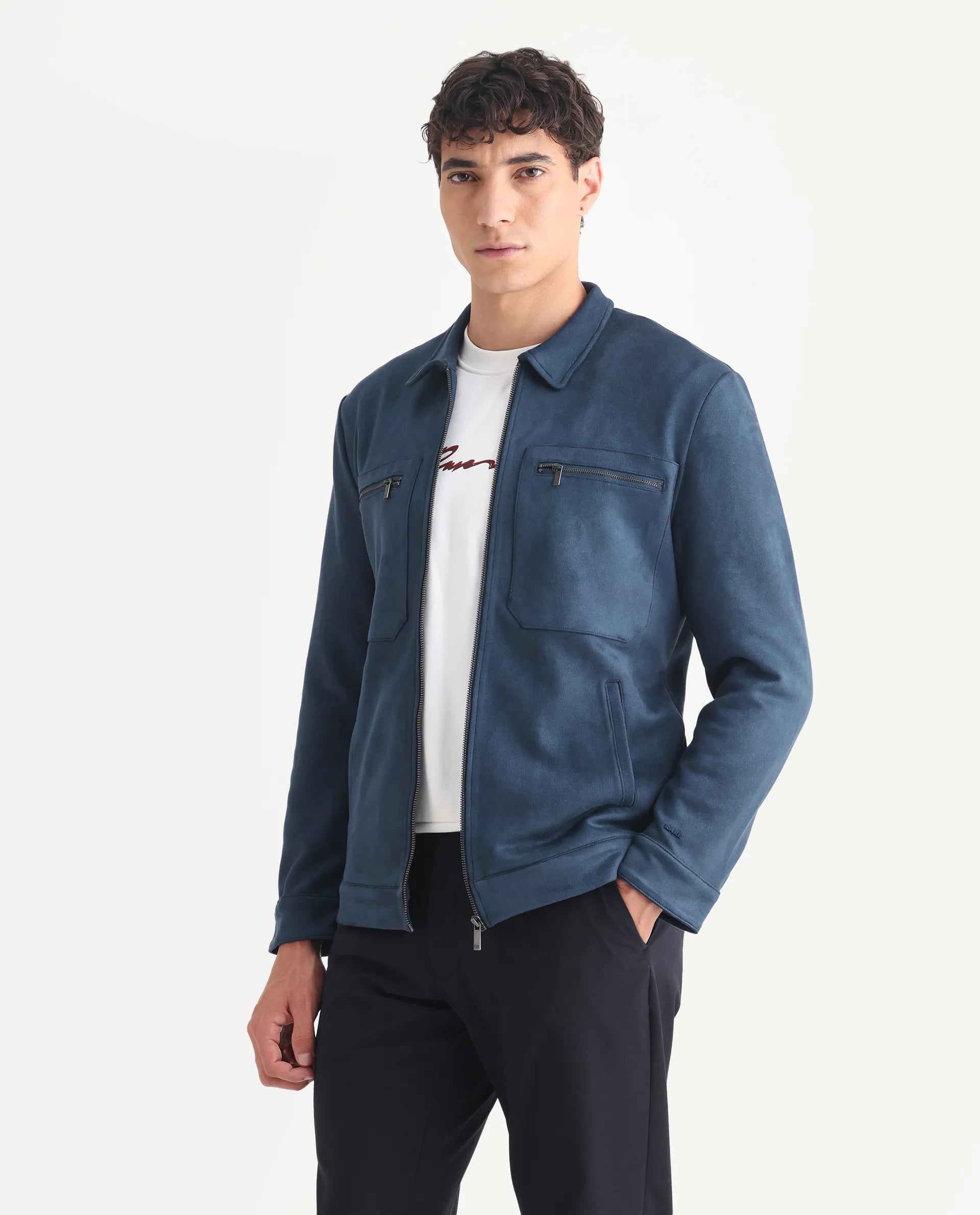 Rare Rabbit Men's Bax-3 Dark Blue Polyester Plain Relaxed Fit Full Sleeve Spread Collar Jacket