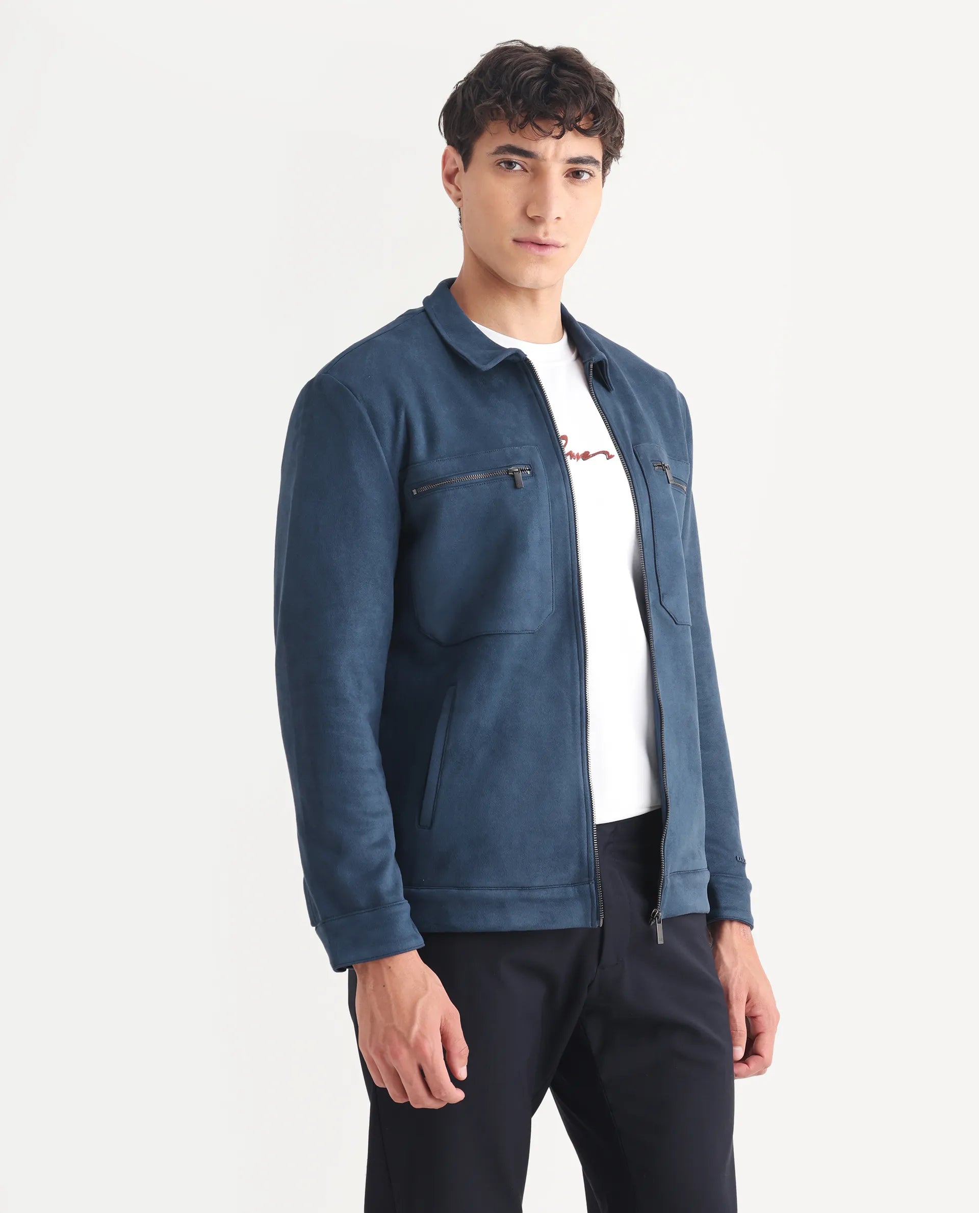 Rare Rabbit Men's Bax-3 Dark Blue Polyester Plain Relaxed Fit Full Sleeve Spread Collar Jacket