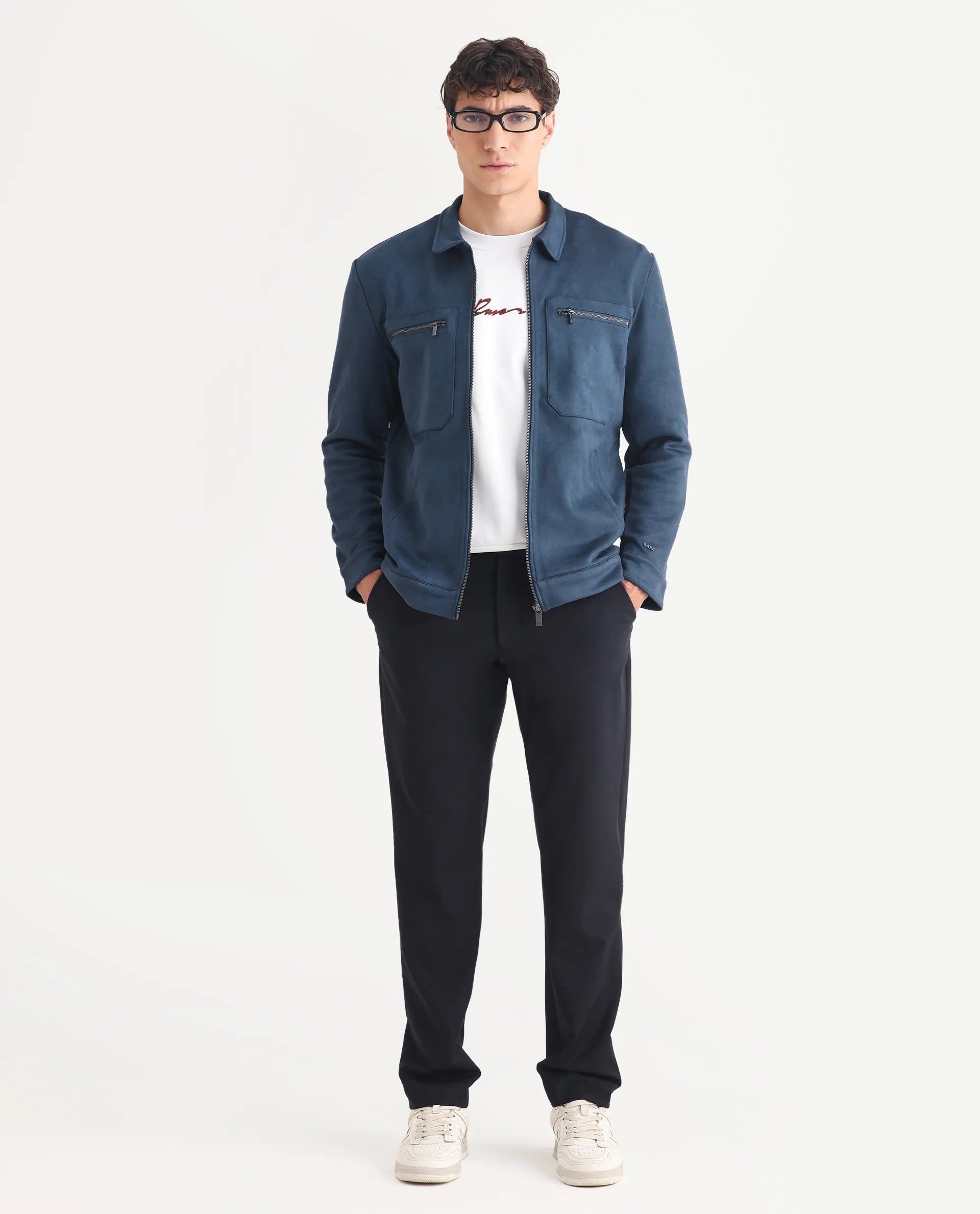 Rare Rabbit Men's Bax-3 Dark Blue Polyester Plain Relaxed Fit Full Sleeve Spread Collar Jacket