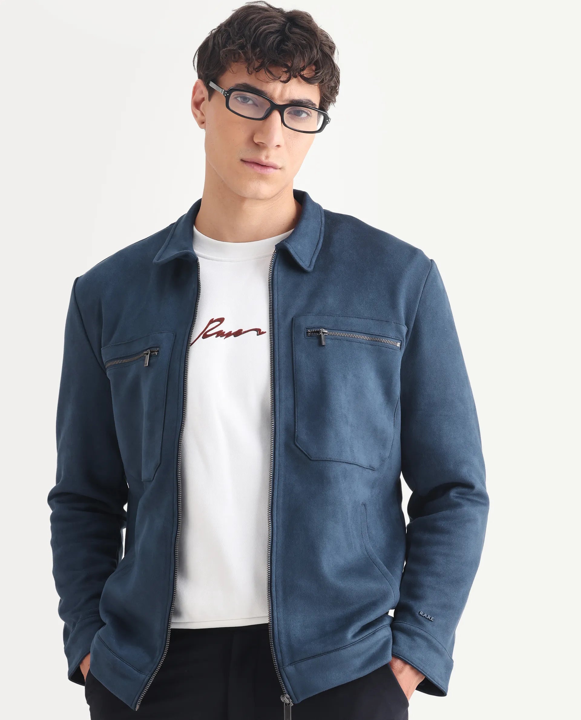 Rare Rabbit Men's Bax-3 Dark Blue Polyester Plain Relaxed Fit Full Sleeve Spread Collar Jacket