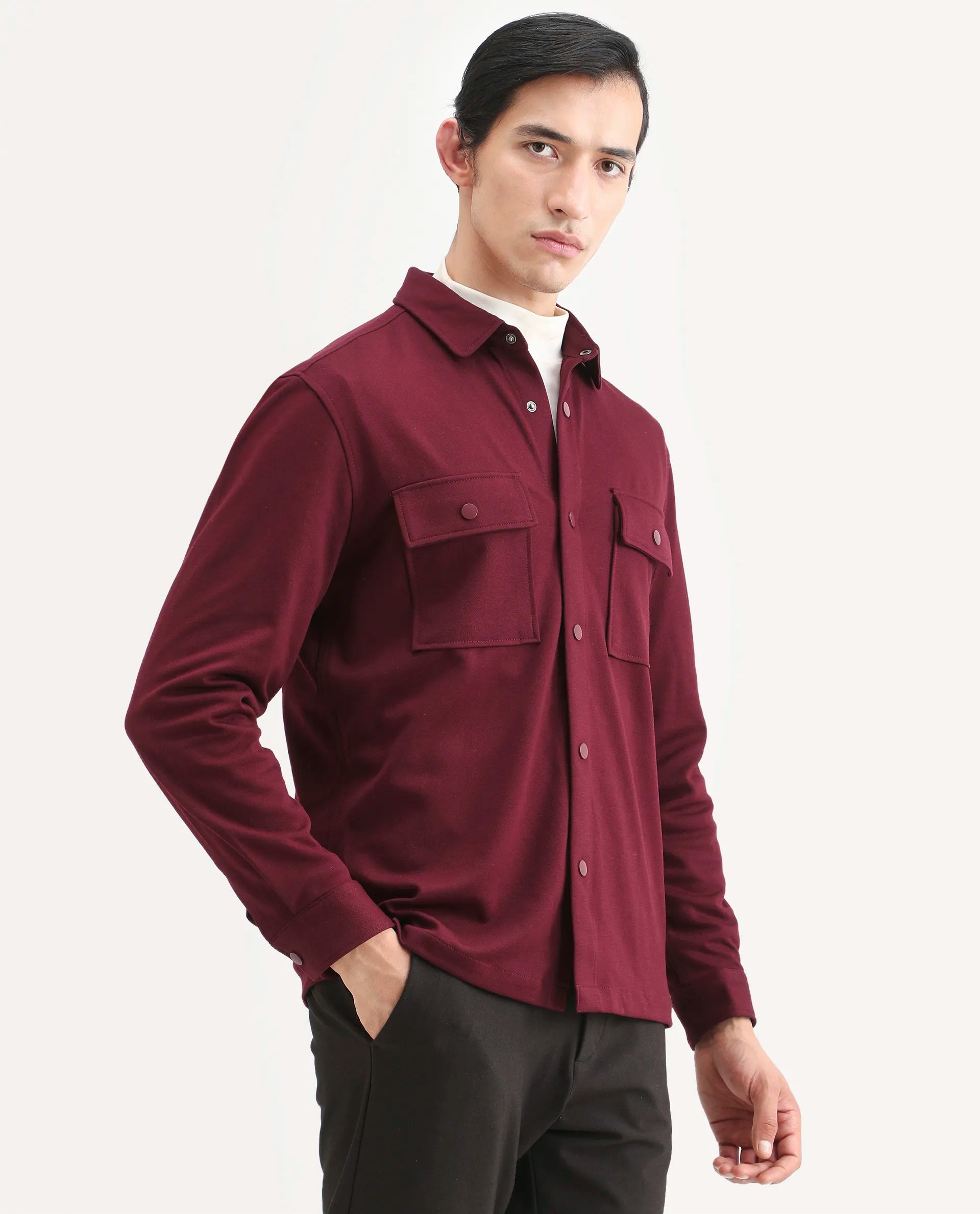 Rare Rabbit Men's Arlington Red Rayon Plain Regular Fit Full Sleeve Collared Shacket