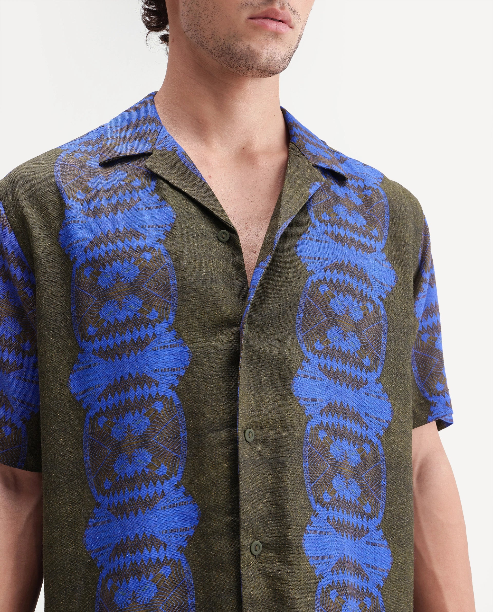 Rare Rabbit Men's Vero Olive Linen Blend Abstract Print Boxy Fit Half Sleeve Cuban Collar Shirt