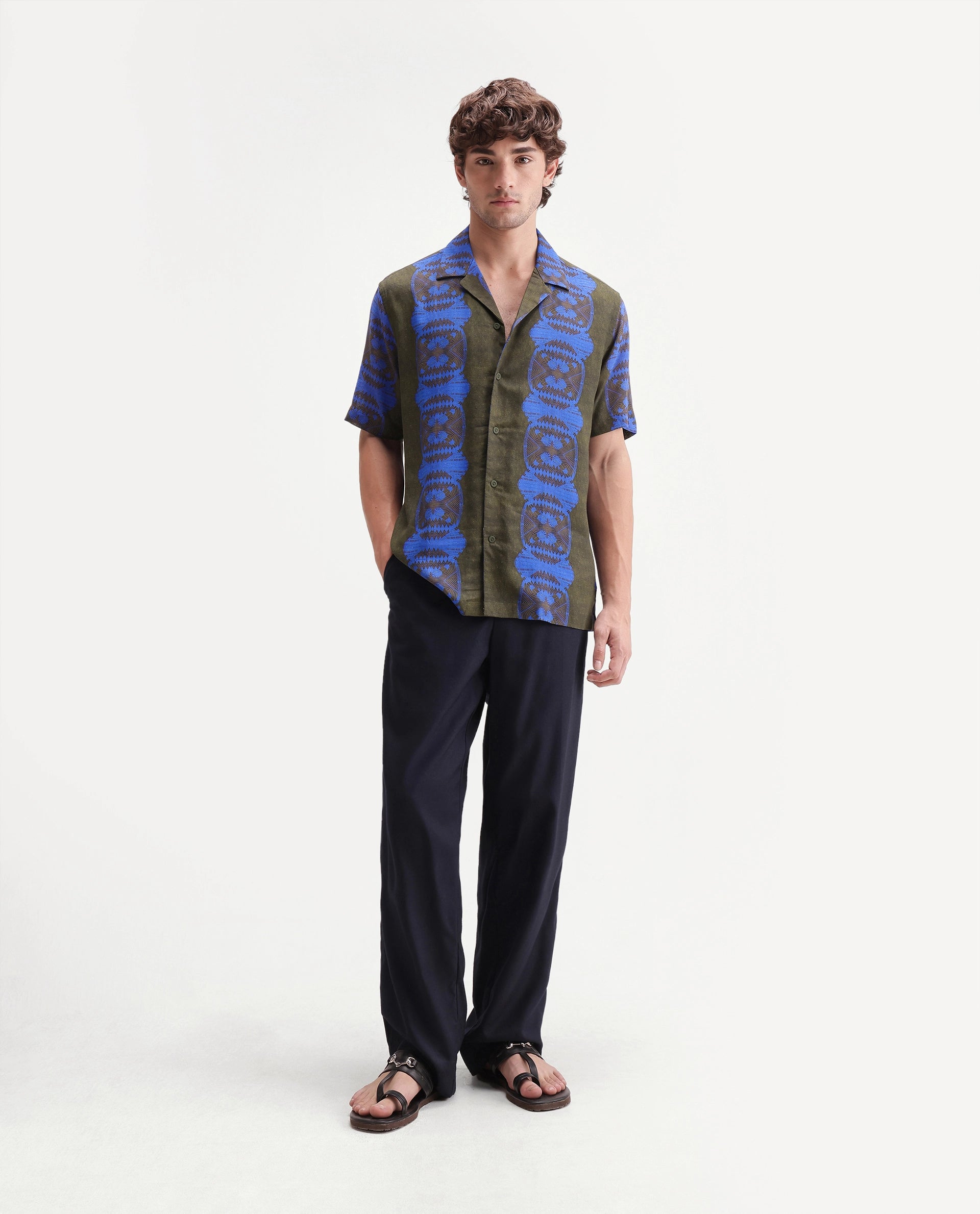 Rare Rabbit Men's Vero Olive Linen Blend Abstract Print Boxy Fit Half Sleeve Cuban Collar Shirt