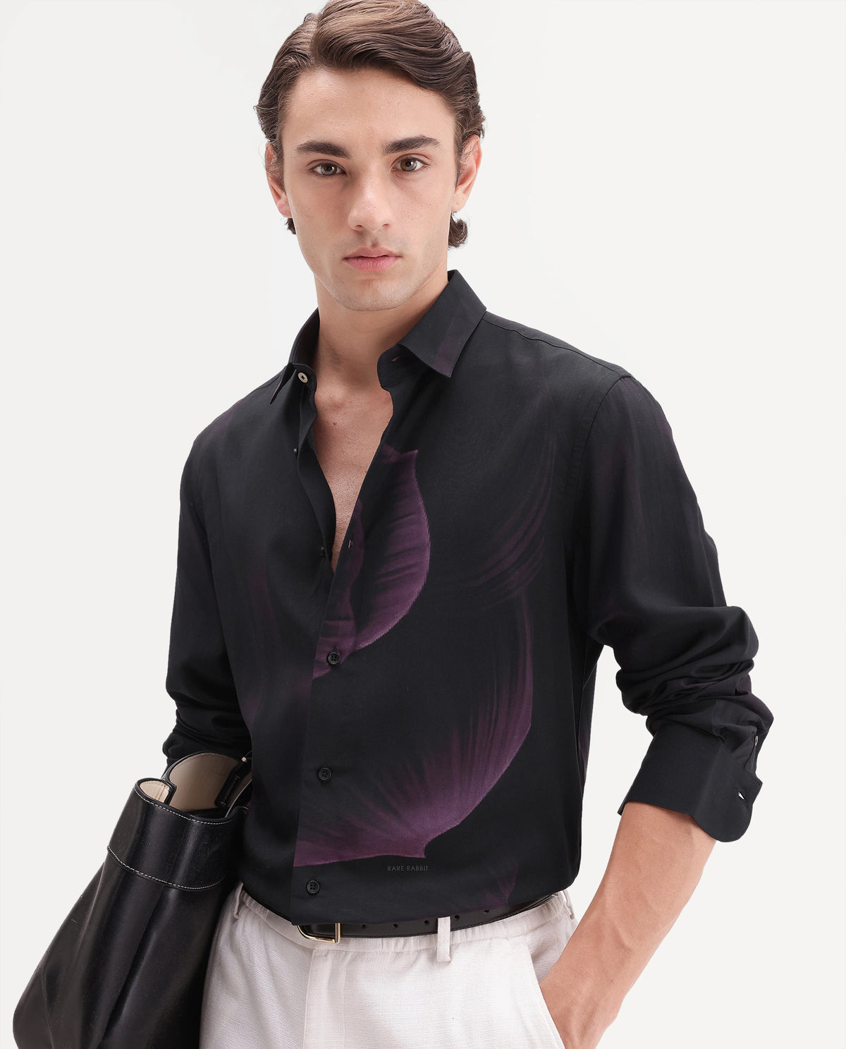 Rare Rabbit Men's Andron Dark Viscose Abstract Print Regular Fit Full Sleeve Collared Shirt