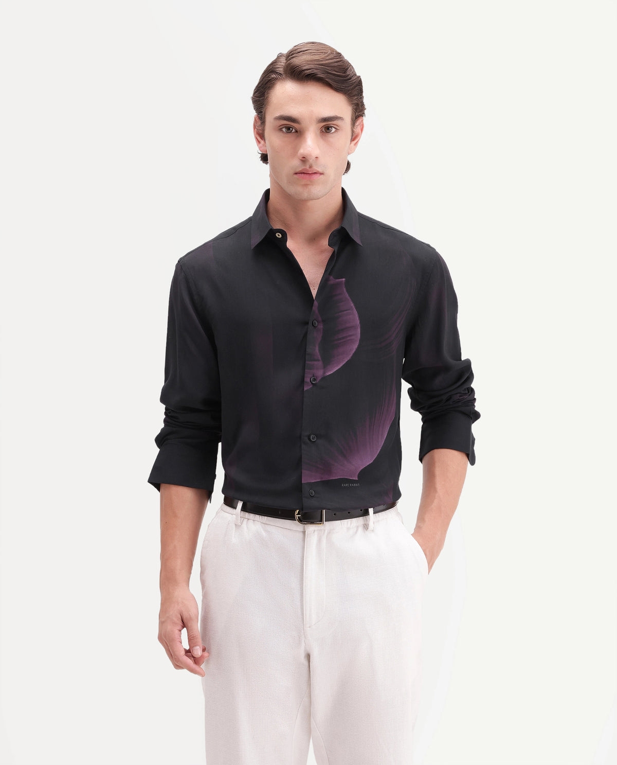Rare Rabbit Men's Andron Dark Viscose Abstract Print Regular Fit Full Sleeve Collared Shirt