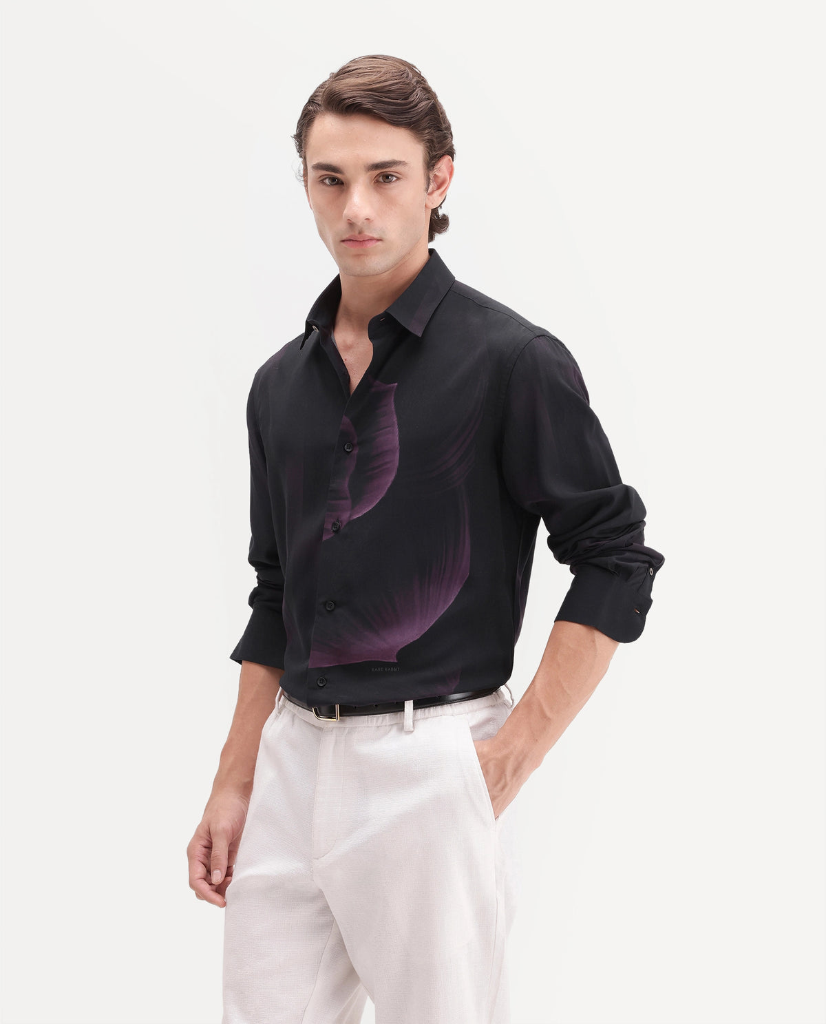 Rare Rabbit Men's Andron Dark Viscose Abstract Print Regular Fit Full Sleeve Collared Shirt