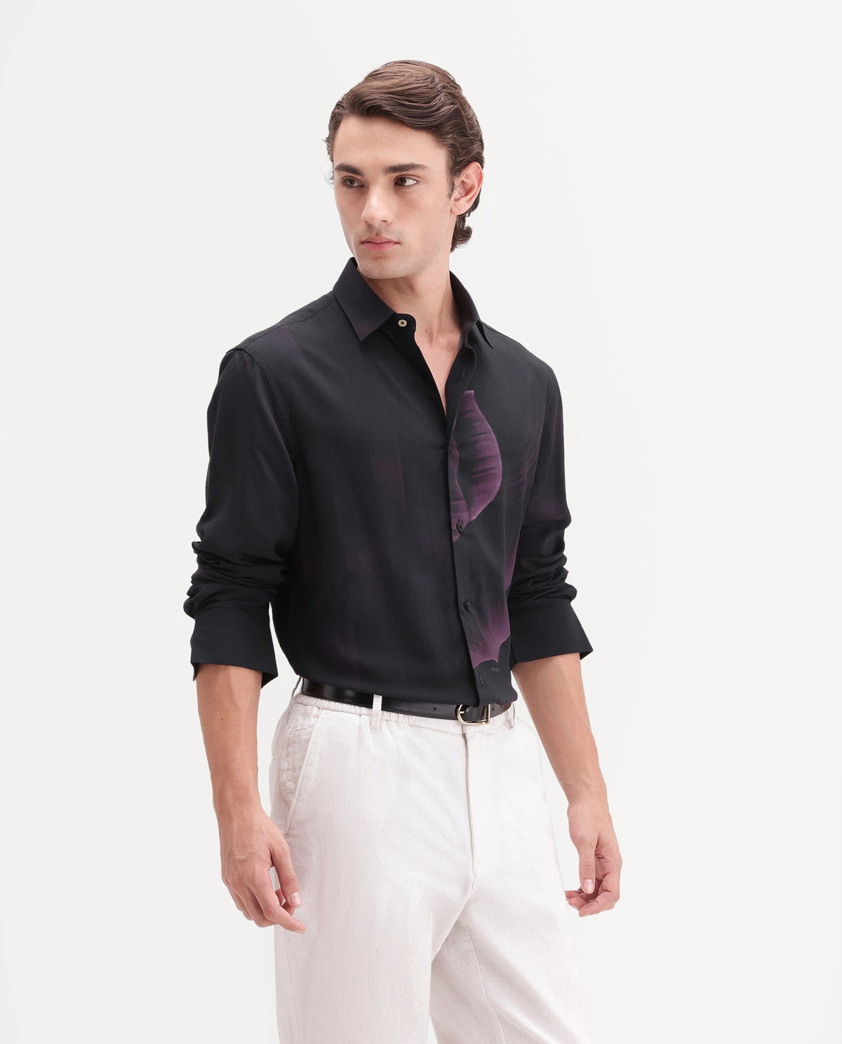 Rare Rabbit Men's Andron Dark Viscose Abstract Print Regular Fit Full Sleeve Collared Shirt