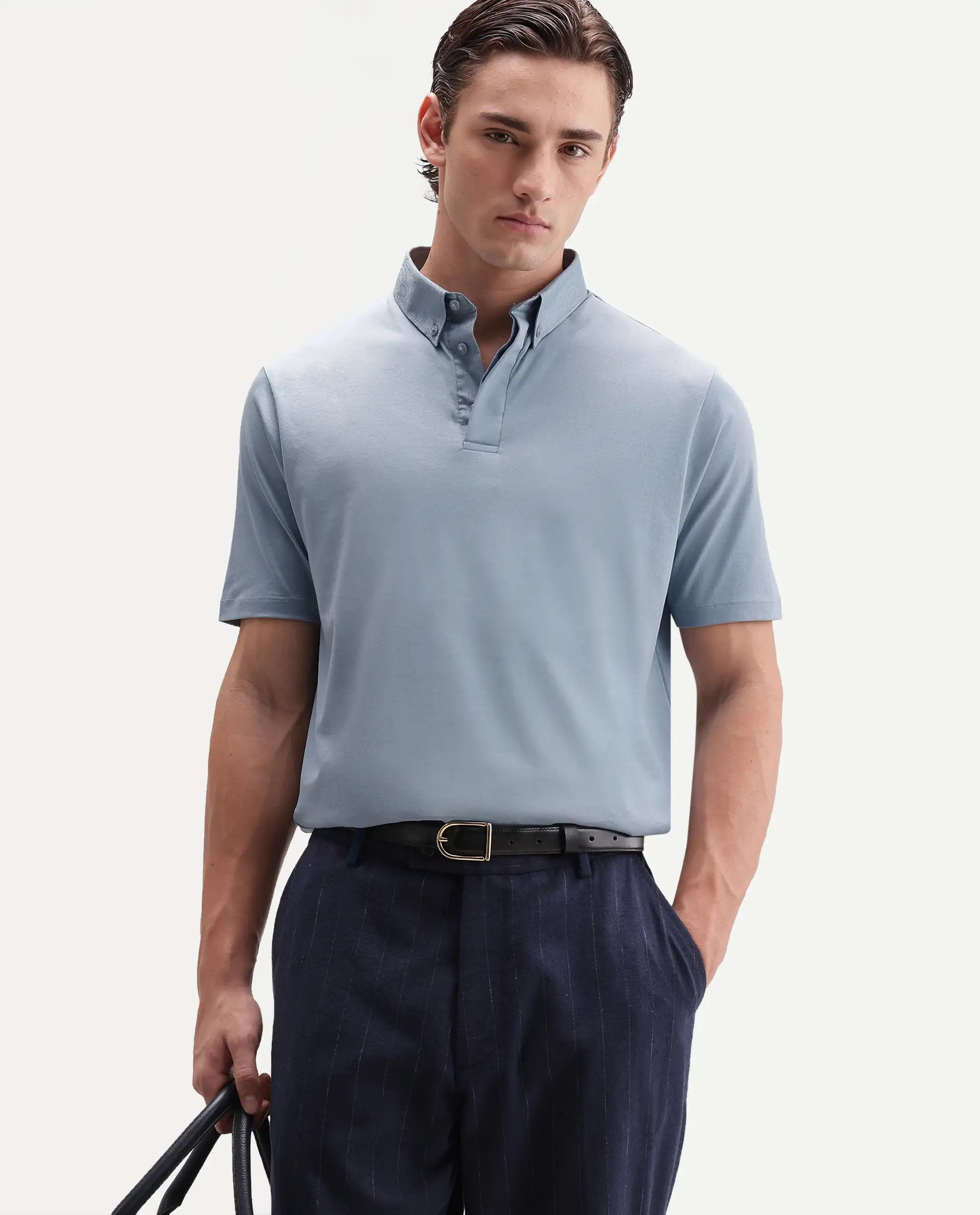 Rare Rabbit Men's Clarence-1 Dusky Blue Cotton Plain Regular Fit Half Sleeve Polo