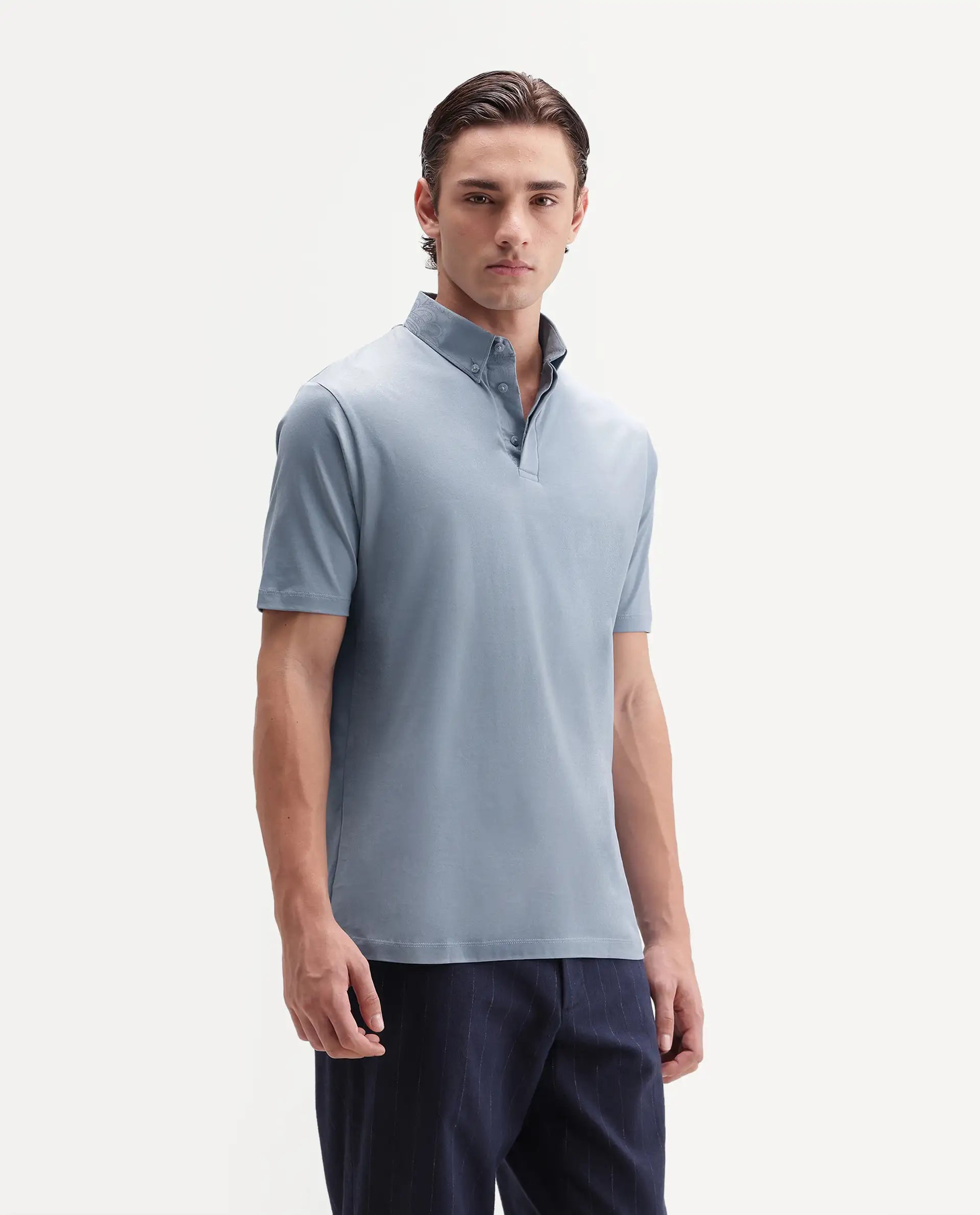 Rare Rabbit Men's Clarence-1 Dusky Blue Cotton Plain Regular Fit Half Sleeve Polo