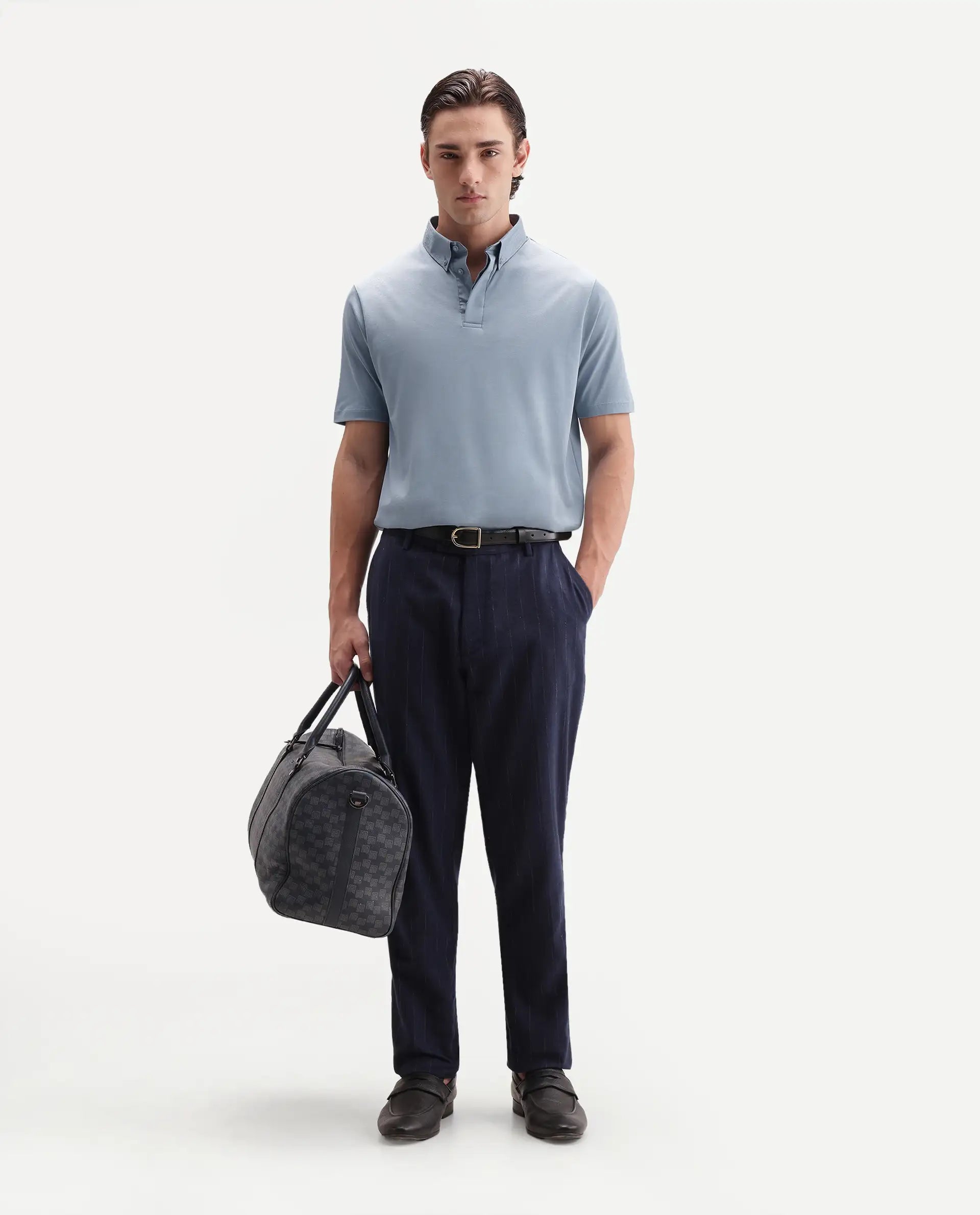 Rare Rabbit Men's Clarence-1 Dusky Blue Cotton Plain Regular Fit Half Sleeve Polo