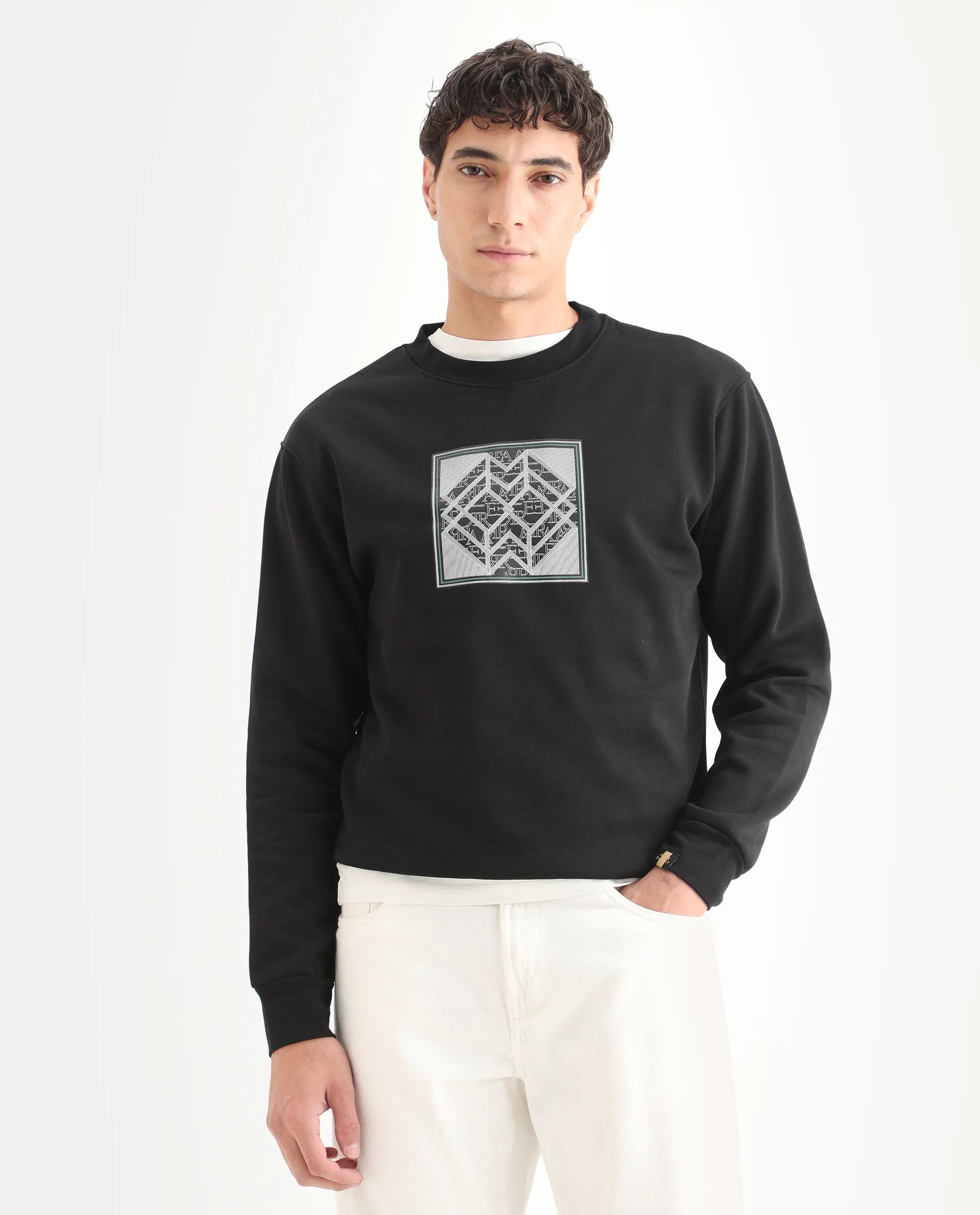 Rare Rabbit Men's Croc Black Cotton Graphic Print Regular Fit Full Sleeve Crew Neck Sweatshirt