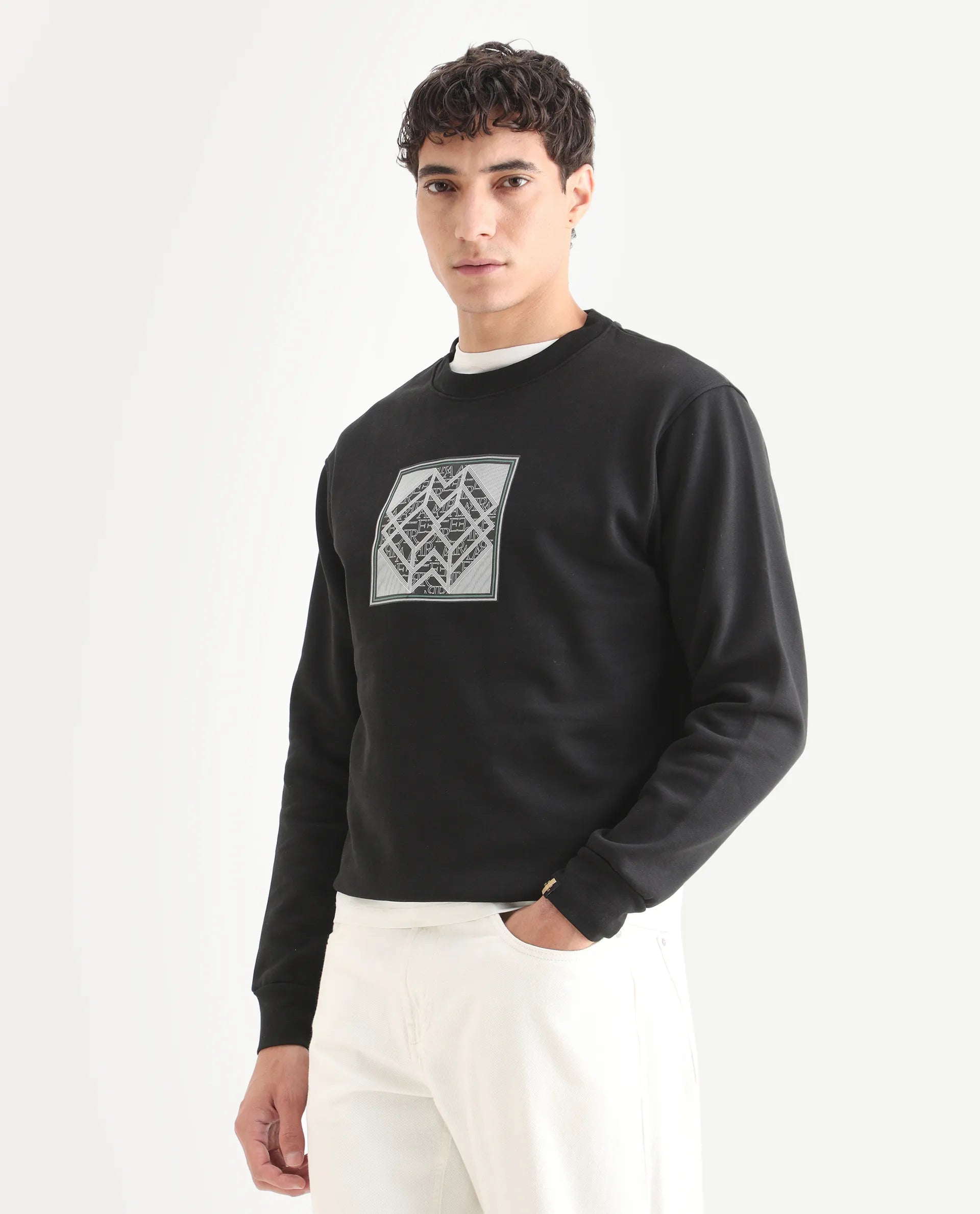 Rare Rabbit Men's Croc Black Cotton Graphic Print Regular Fit Full Sleeve Crew Neck Sweatshirt