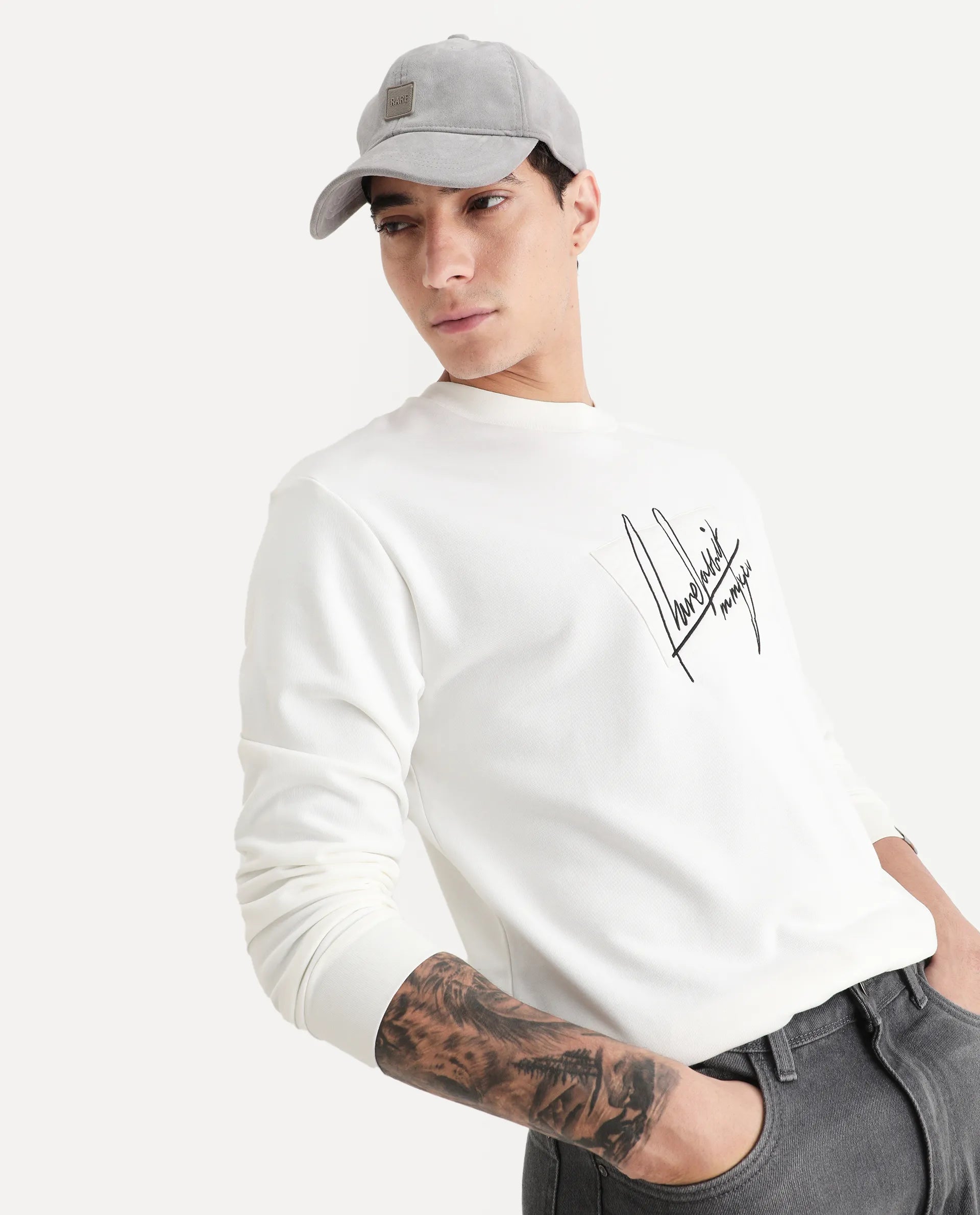 Rare Rabbit Men's Raydon Off White Cotton Graphic Print Regular Fit Full Sleeve Crew Neck Sweatshirt