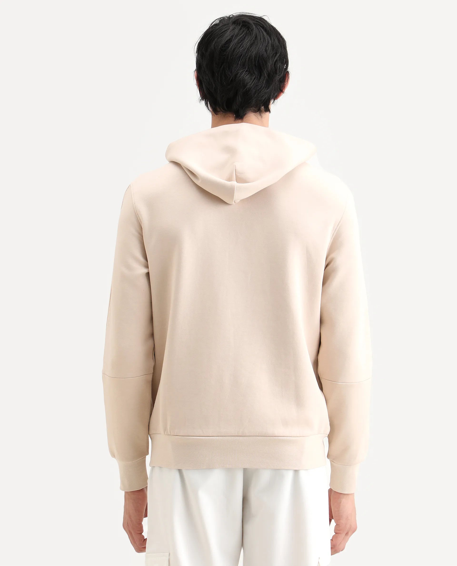 Rare Rabbit Men's Scon Light Beige Cotton Plain Regular Fit Full Sleeve Hooded Sweatshirt