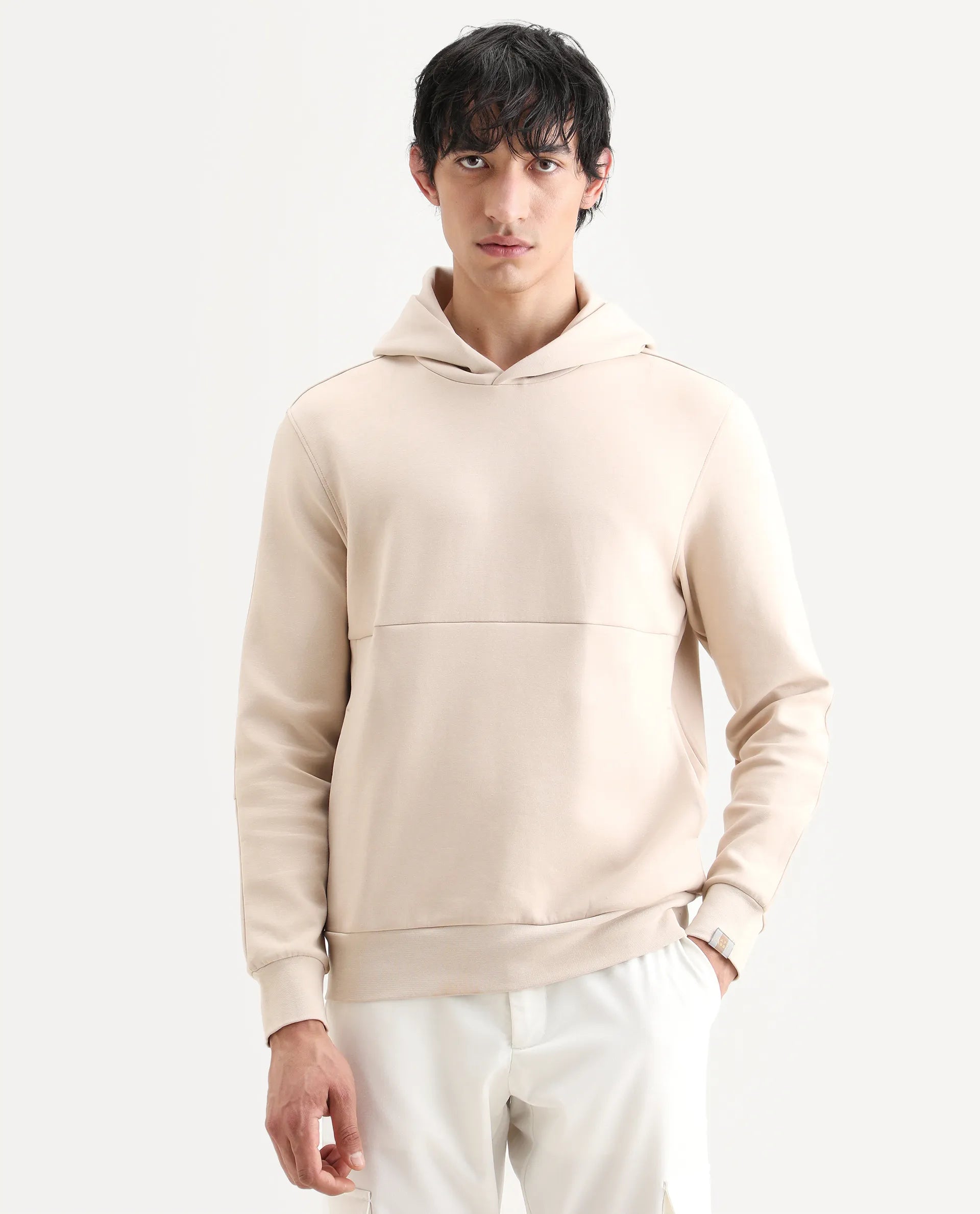 Rare Rabbit Men's Scon Light Beige Cotton Plain Regular Fit Full Sleeve Hooded Sweatshirt