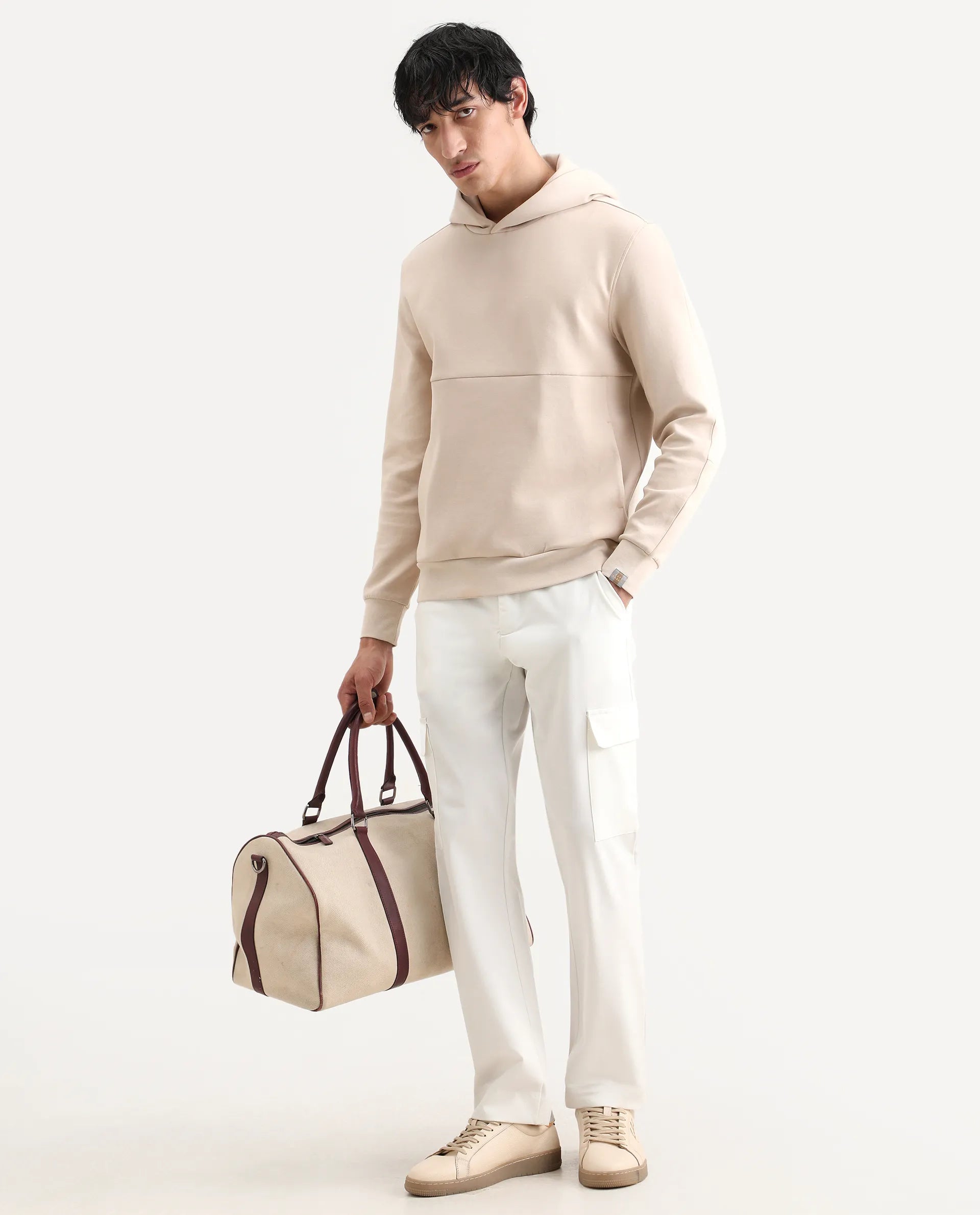 Rare Rabbit Men's Scon Light Beige Cotton Plain Regular Fit Full Sleeve Hooded Sweatshirt