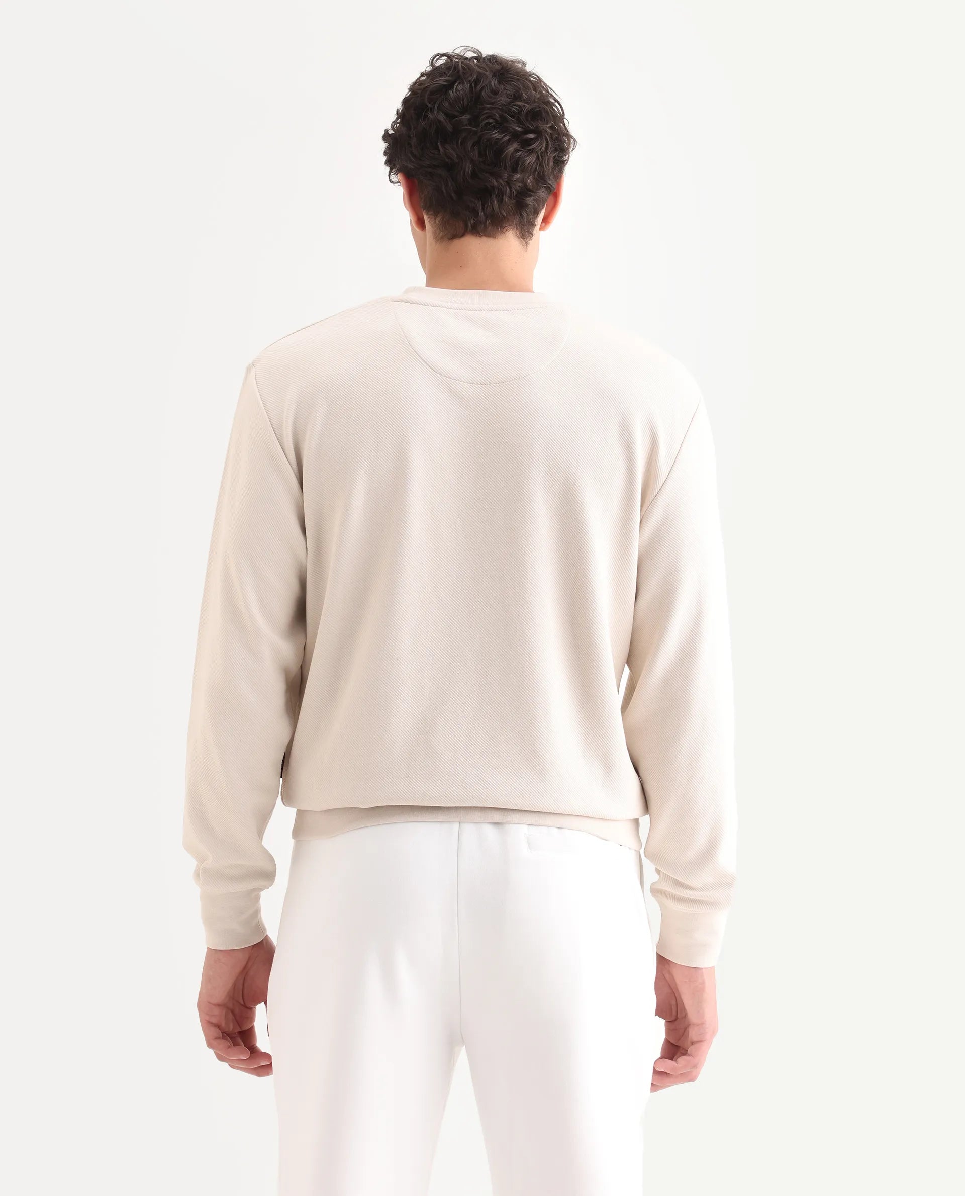 Rare Rabbit Men's Foy Off White Cotton Plain Regular Fit Full Sleeve Crew Neck Sweatshirt