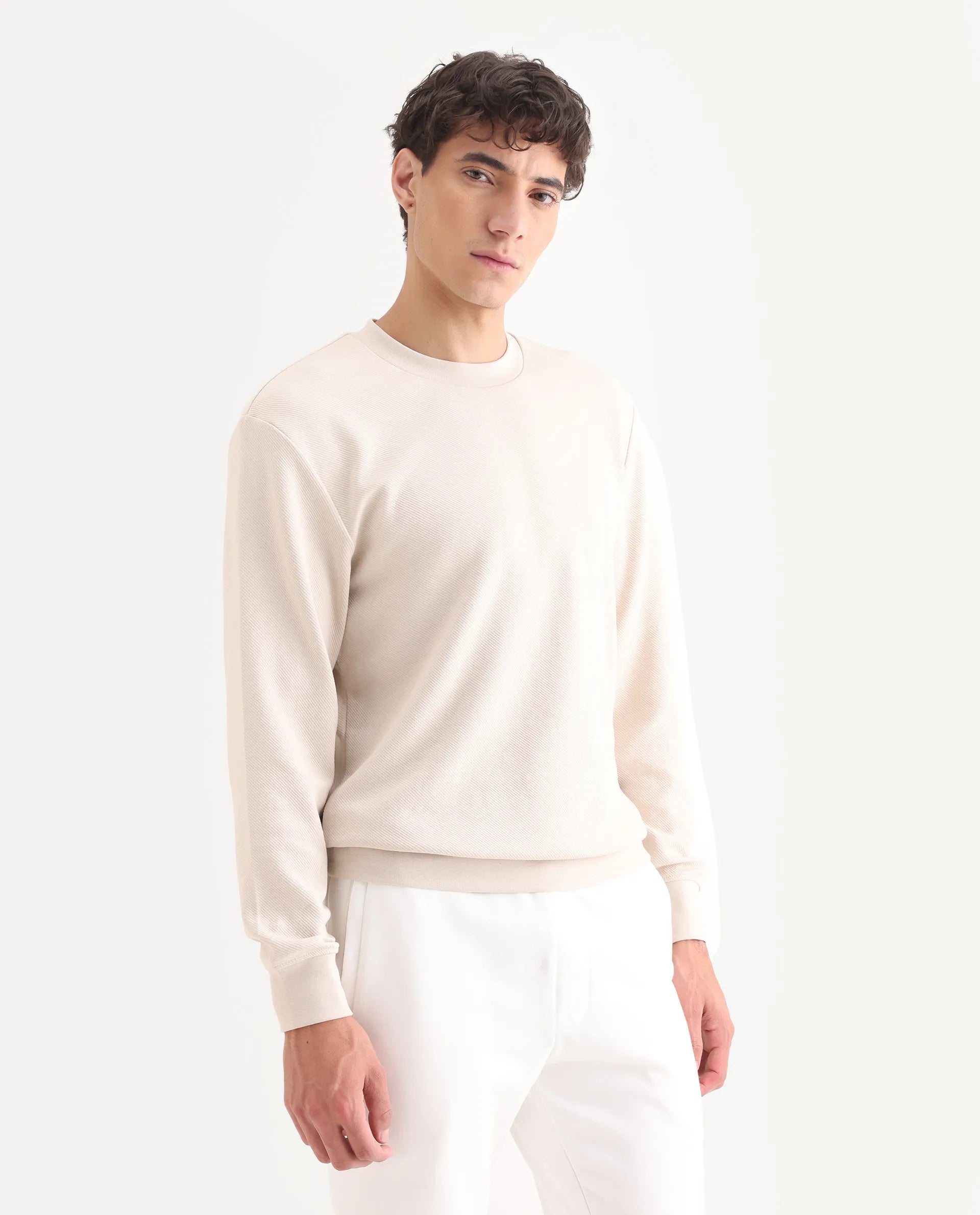 Rare Rabbit Men's Foy Off White Cotton Plain Regular Fit Full Sleeve Crew Neck Sweatshirt