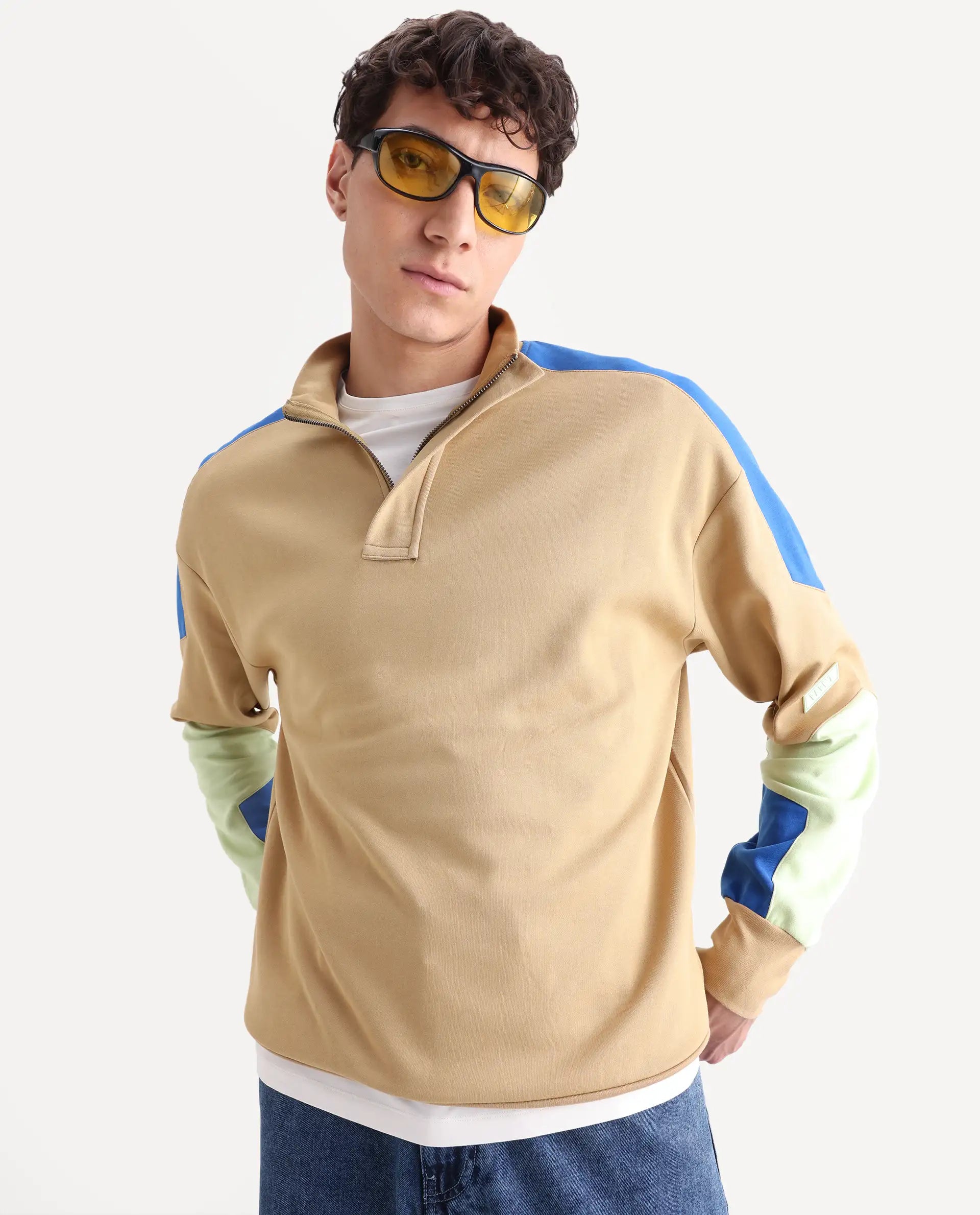 Rare Rabbit Men's Armo-1 Dusky Beige Cotton Ombre Regular Fit Full Sleeve High Neck Sweatshirt