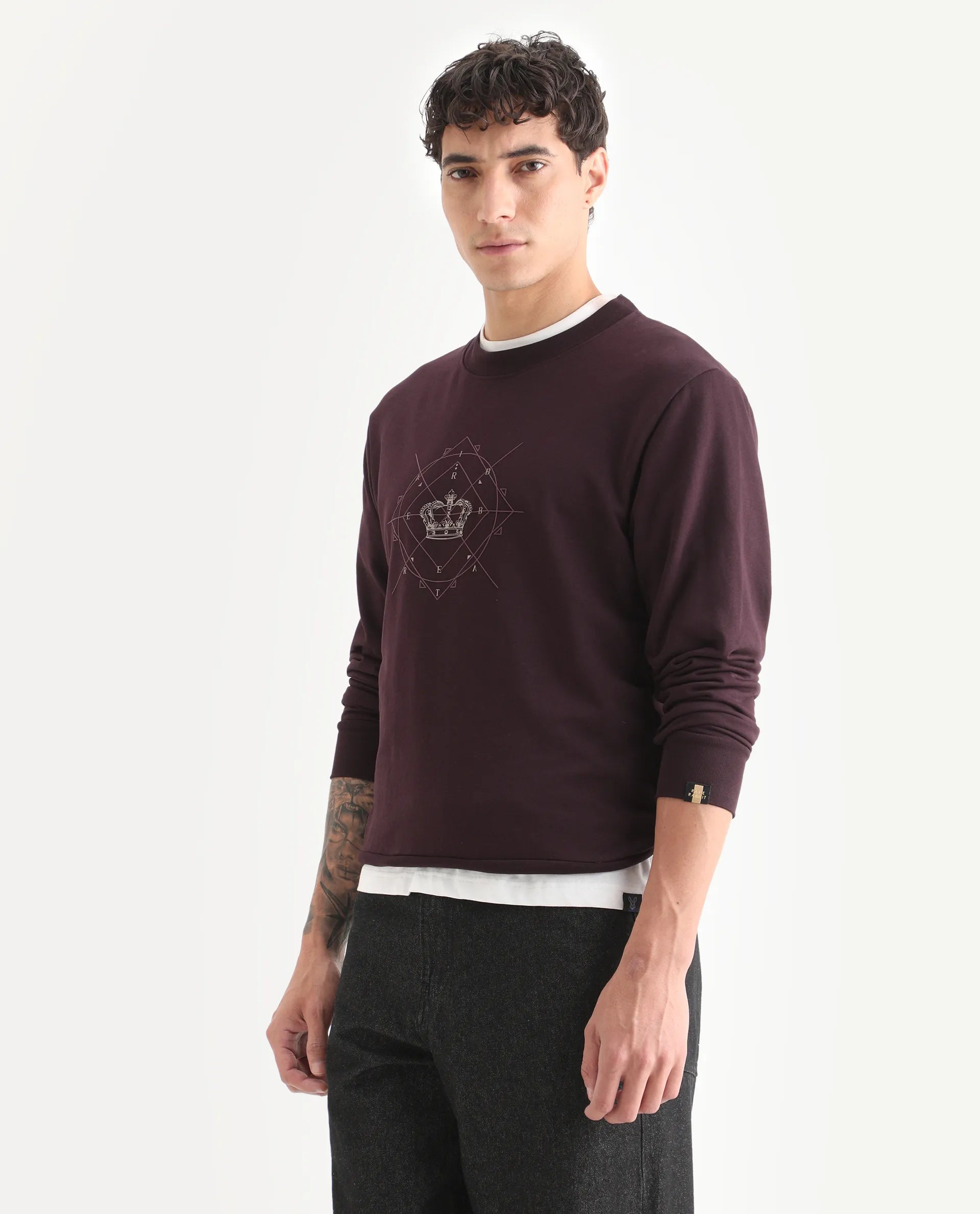 Rare Rabbit Men's Tarol Dark Brown Cotton Blend Graphic Print Boxy Fit Full Sleeve Crew Neck Sweatshirt