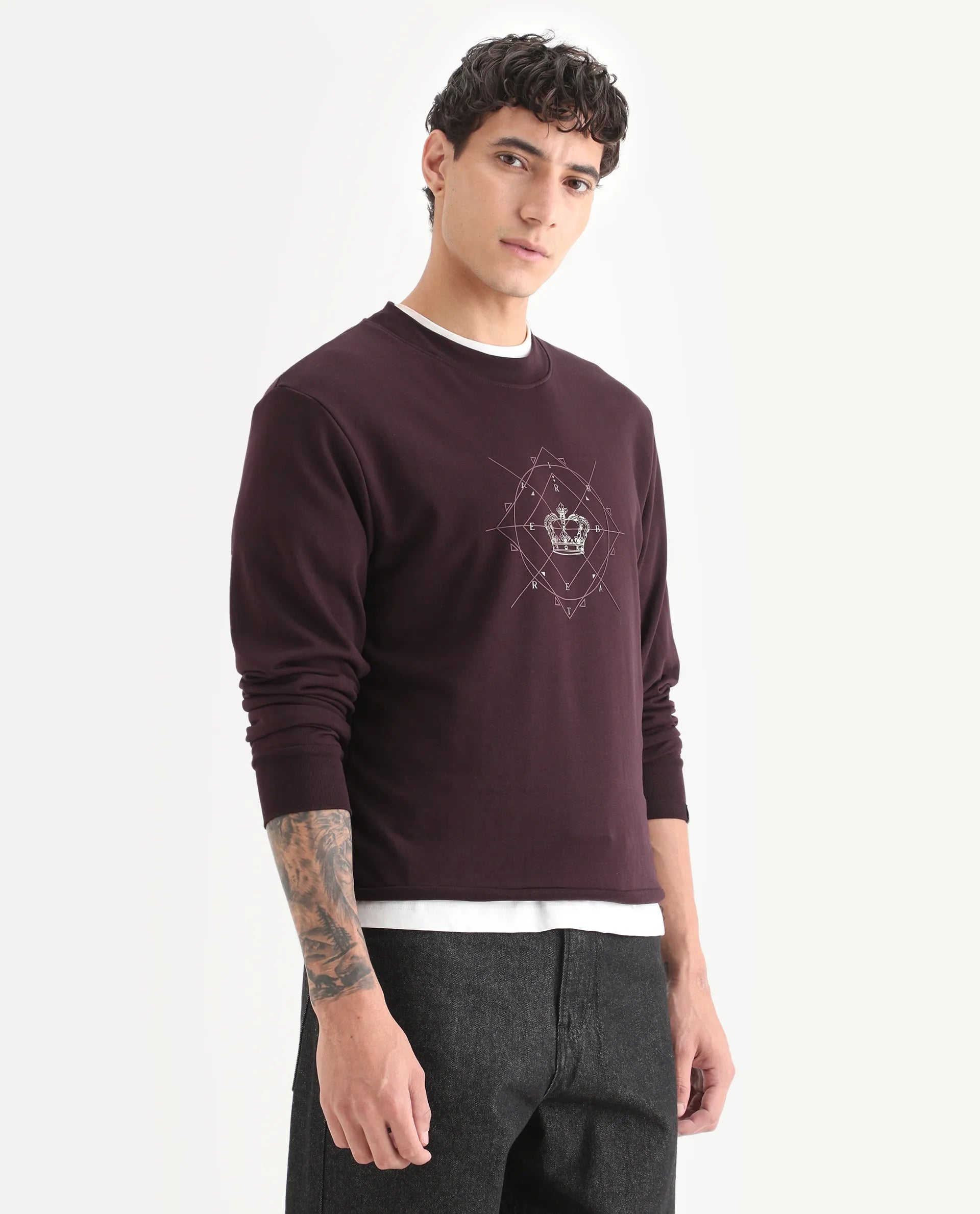 Rare Rabbit Men's Tarol Dark Brown Cotton Blend Graphic Print Boxy Fit Full Sleeve Crew Neck Sweatshirt
