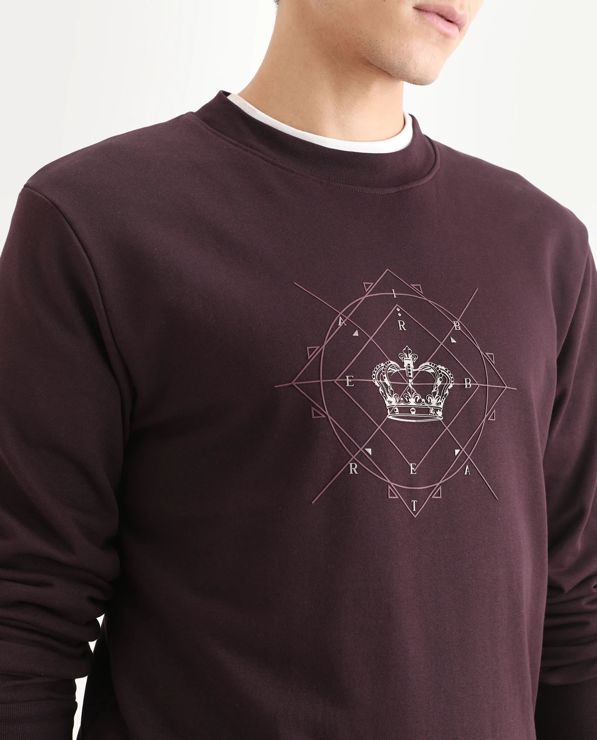 Rare Rabbit Men's Tarol Dark Brown Cotton Blend Graphic Print Boxy Fit Full Sleeve Crew Neck Sweatshirt