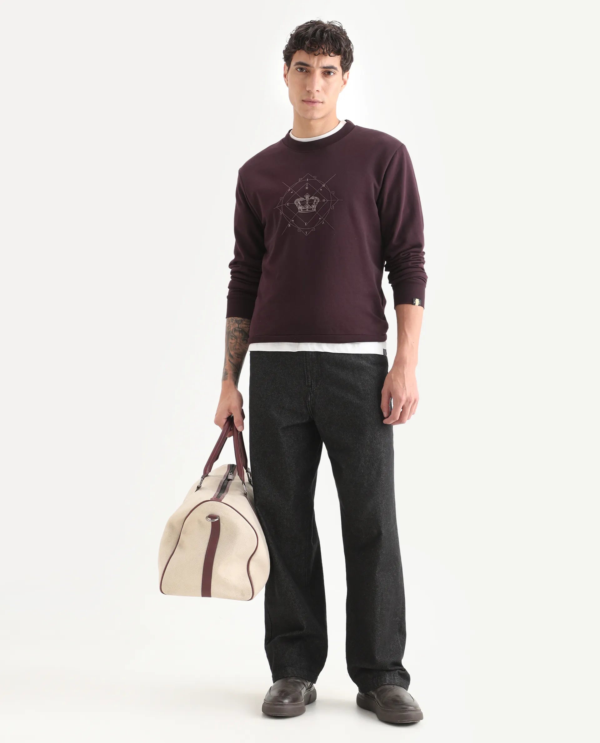 Rare Rabbit Men's Tarol Dark Brown Cotton Blend Graphic Print Boxy Fit Full Sleeve Crew Neck Sweatshirt