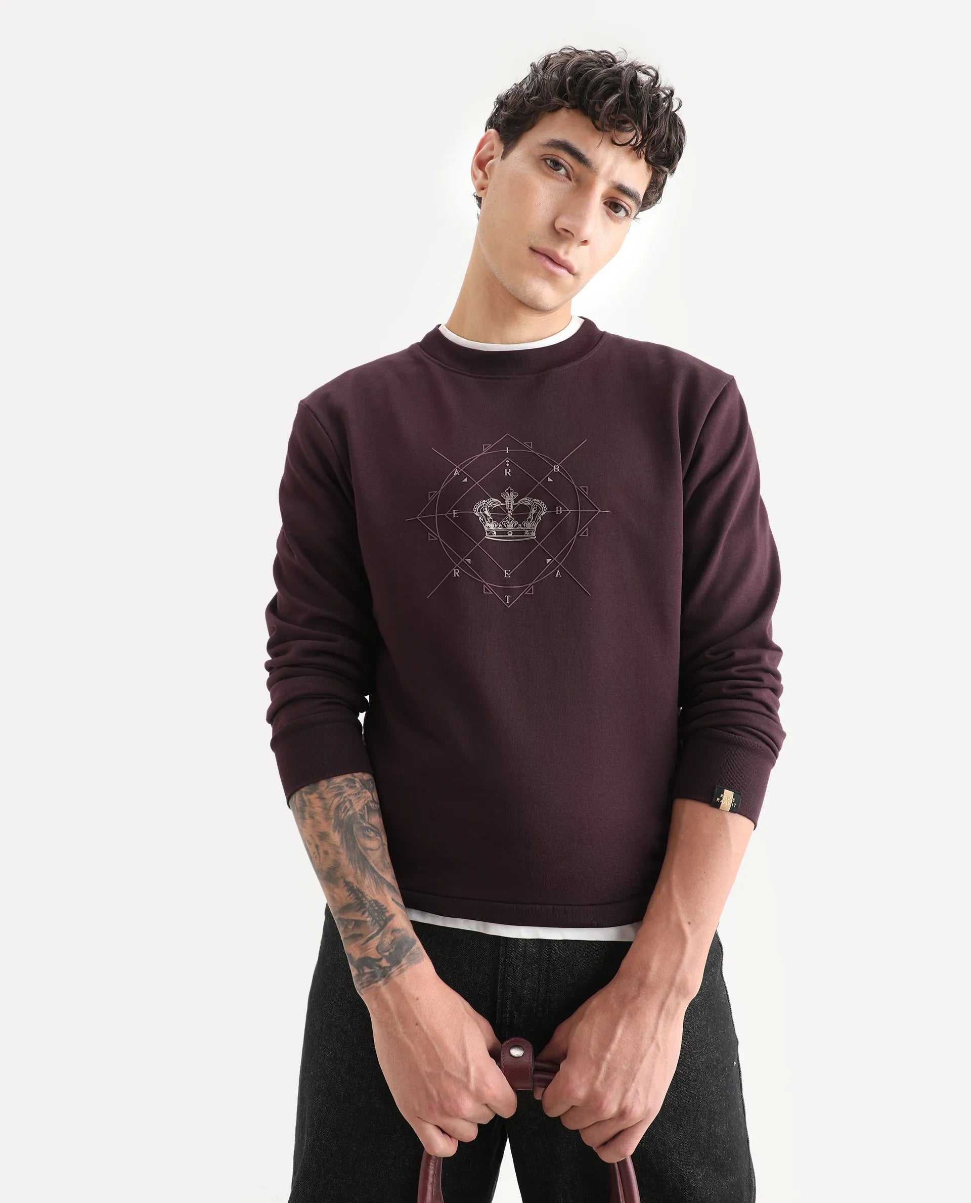 Rare Rabbit Men's Tarol Dark Brown Cotton Blend Graphic Print Boxy Fit Full Sleeve Crew Neck Sweatshirt