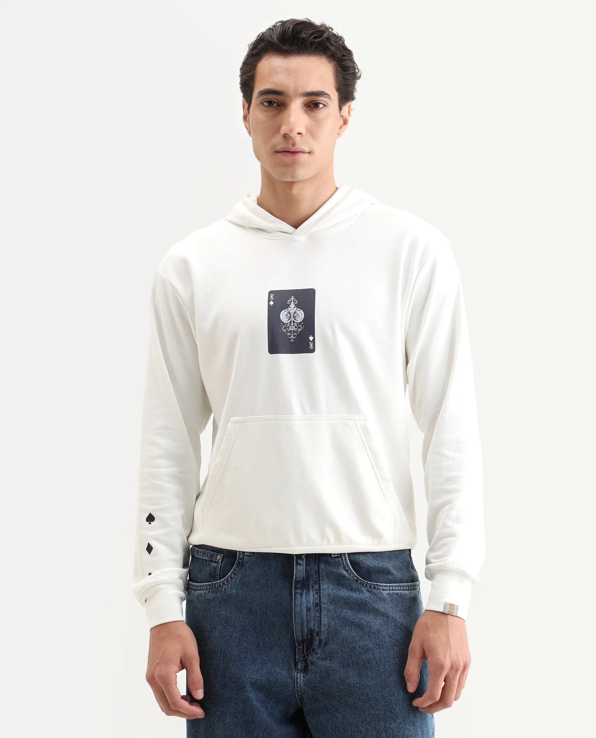 Rare Rabbit Men's Meloro Off White Cotton Blend Graphic Print Regular Fit Full Sleeve Hooded Sweatshirt