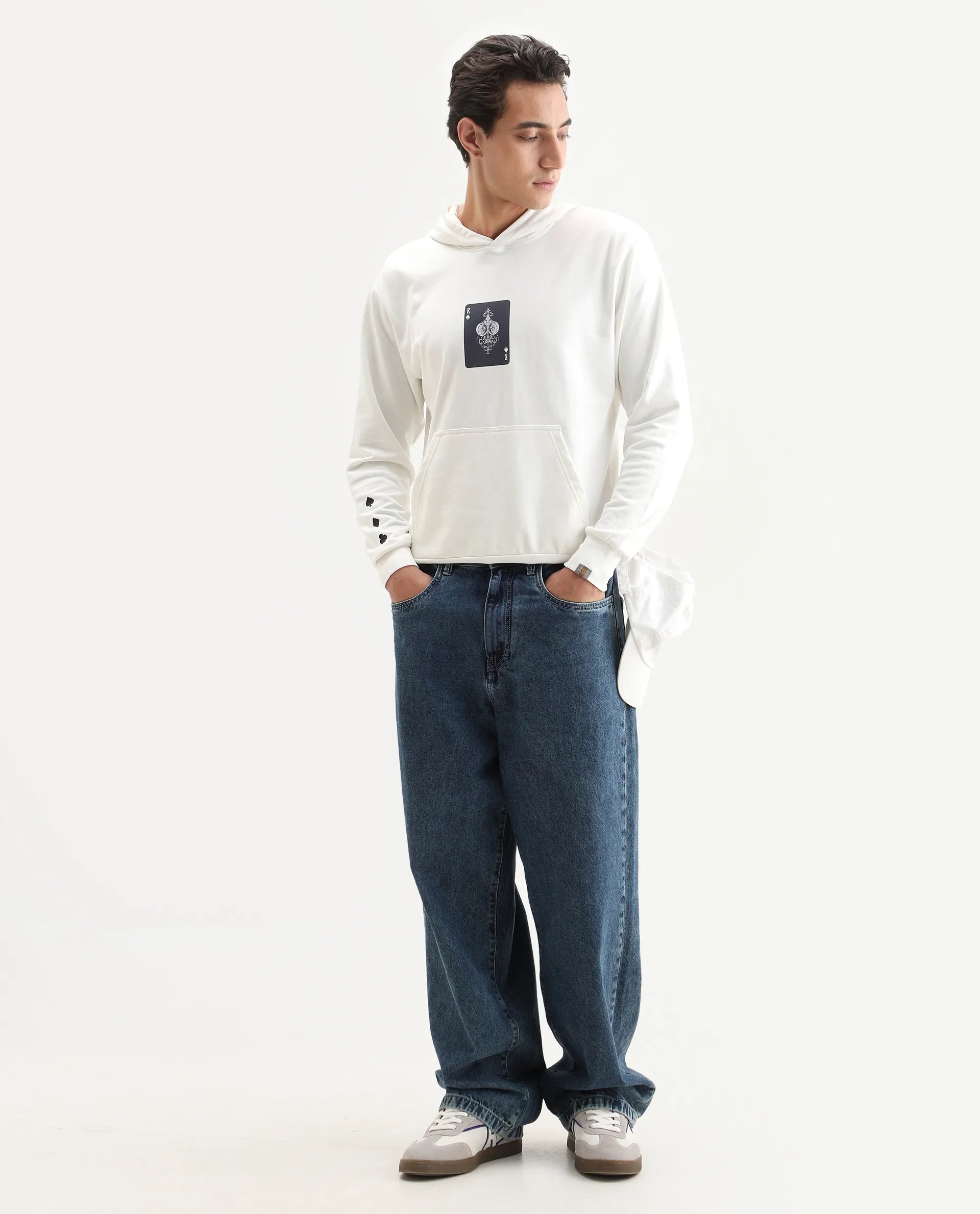 Rare Rabbit Men's Meloro Off White Cotton Blend Graphic Print Regular Fit Full Sleeve Hooded Sweatshirt