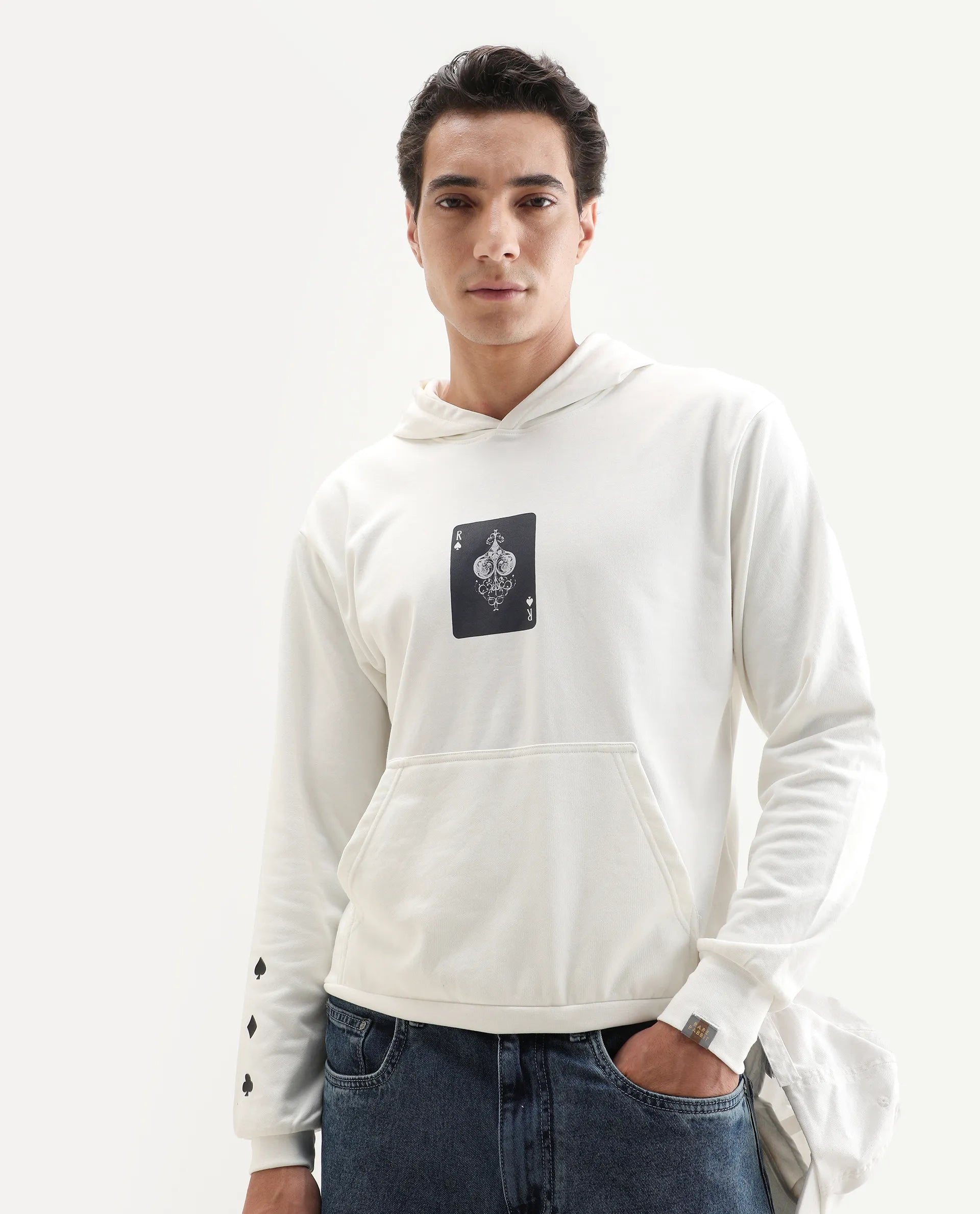 Rare Rabbit Men's Meloro Off White Cotton Blend Graphic Print Regular Fit Full Sleeve Hooded Sweatshirt