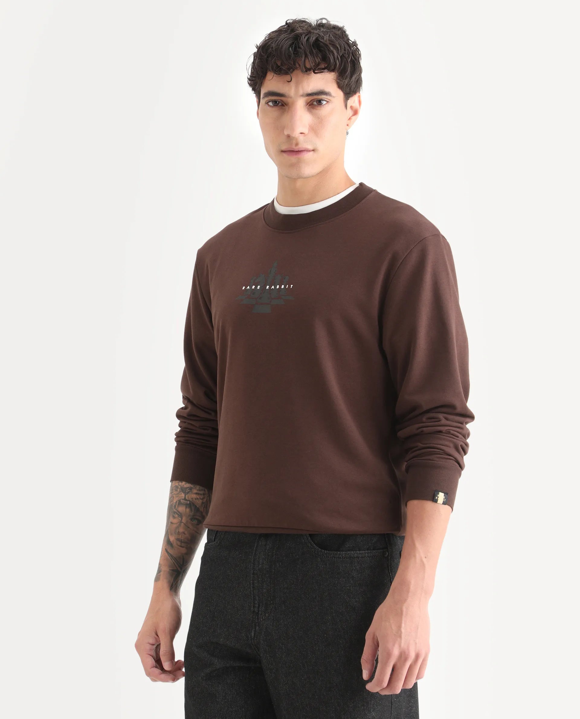 Rare Rabbit Men's Marq Dark Brown Polyester Graphic Print Regular Fit Full Sleeve Crew Neck Sweatshirt