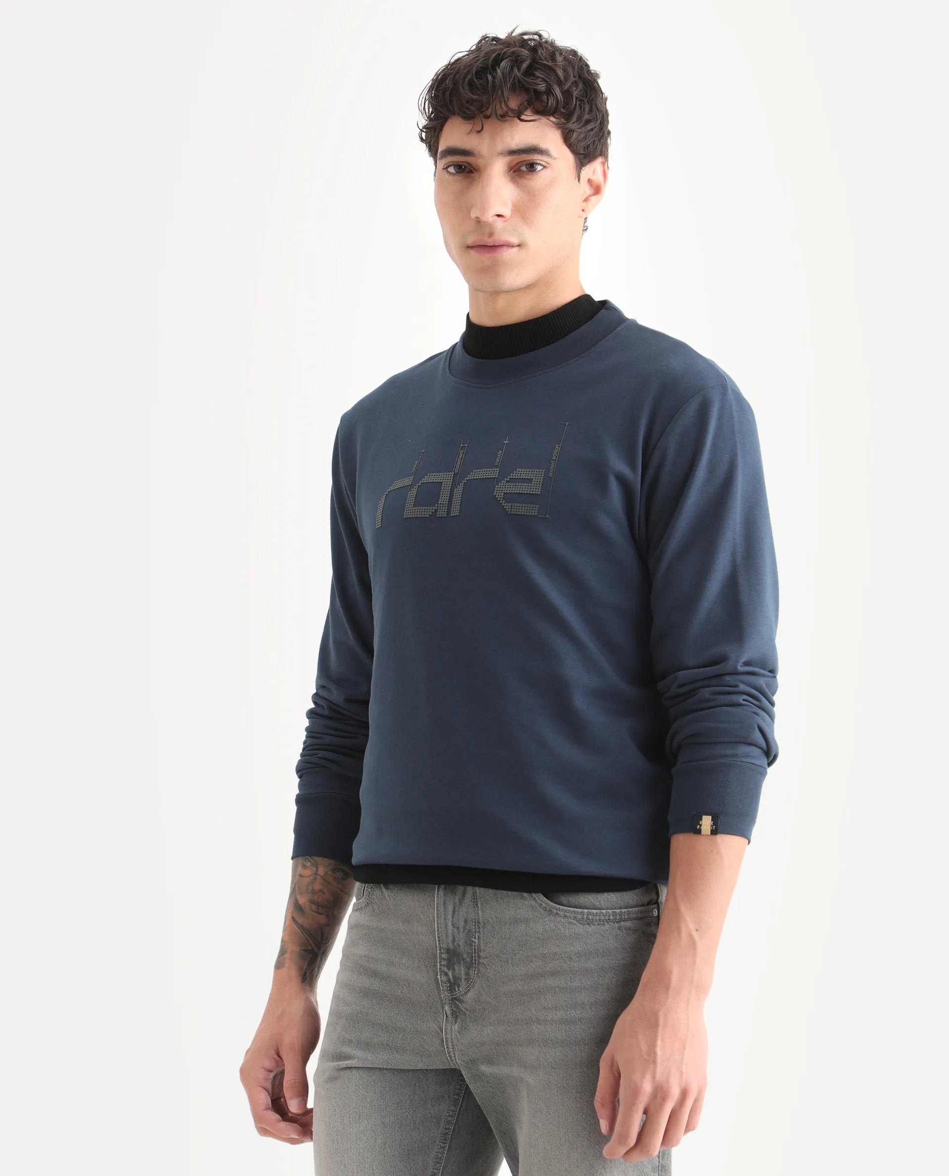 Rare Rabbit Men's Emry Navy Cotton Blend Graphic Print Regular Fit Full Sleeve Crew Neck Sweatshirt