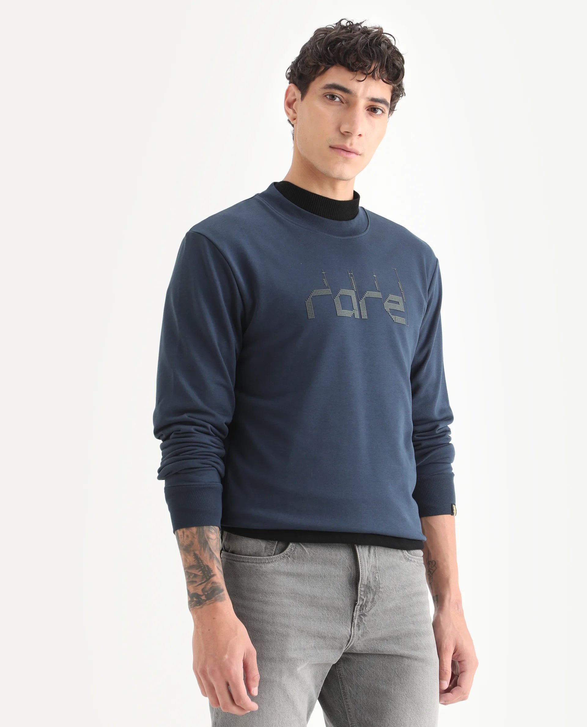 Rare Rabbit Men's Emry Navy Cotton Blend Graphic Print Regular Fit Full Sleeve Crew Neck Sweatshirt