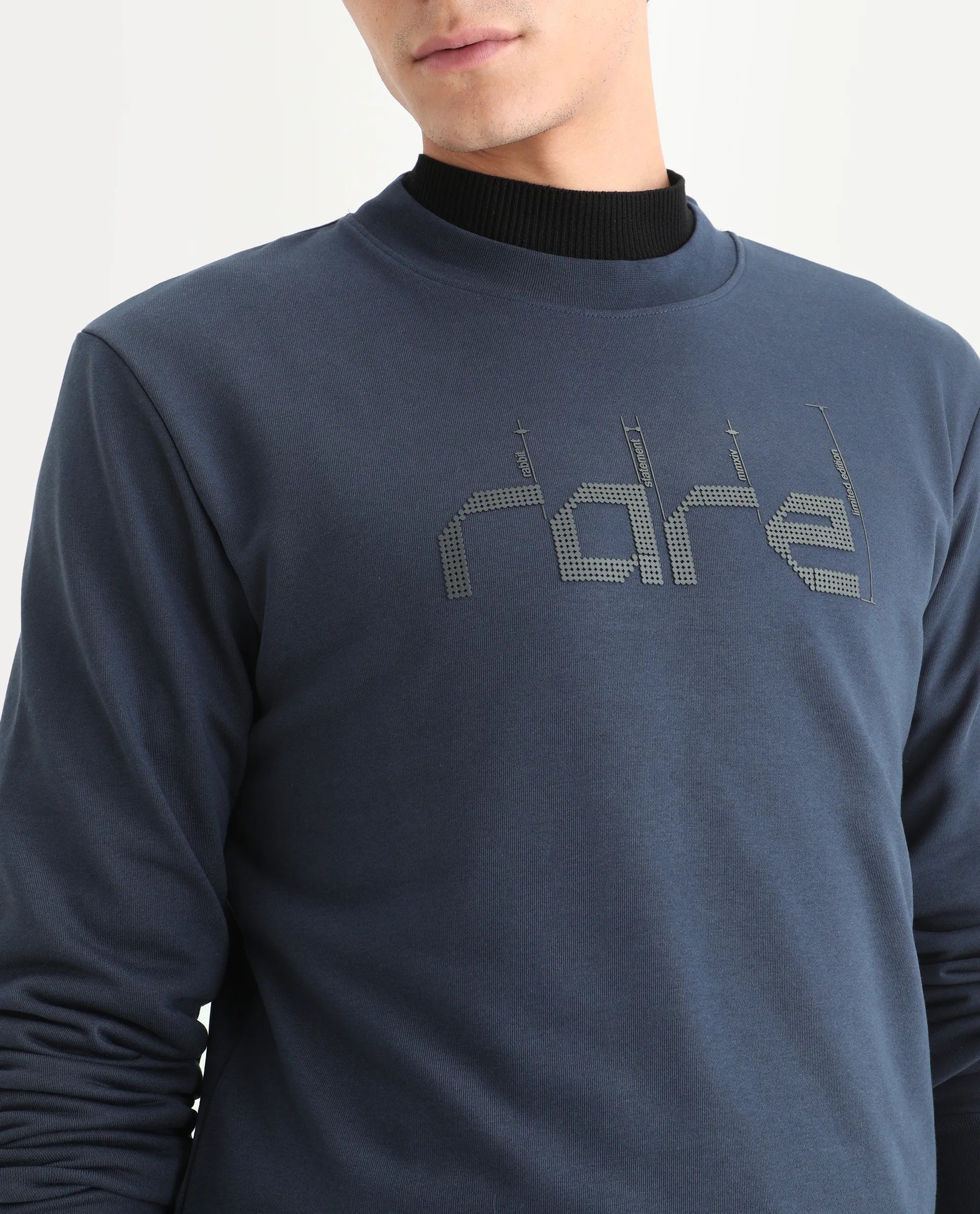 Rare Rabbit Men's Emry Navy Cotton Blend Graphic Print Regular Fit Full Sleeve Crew Neck Sweatshirt