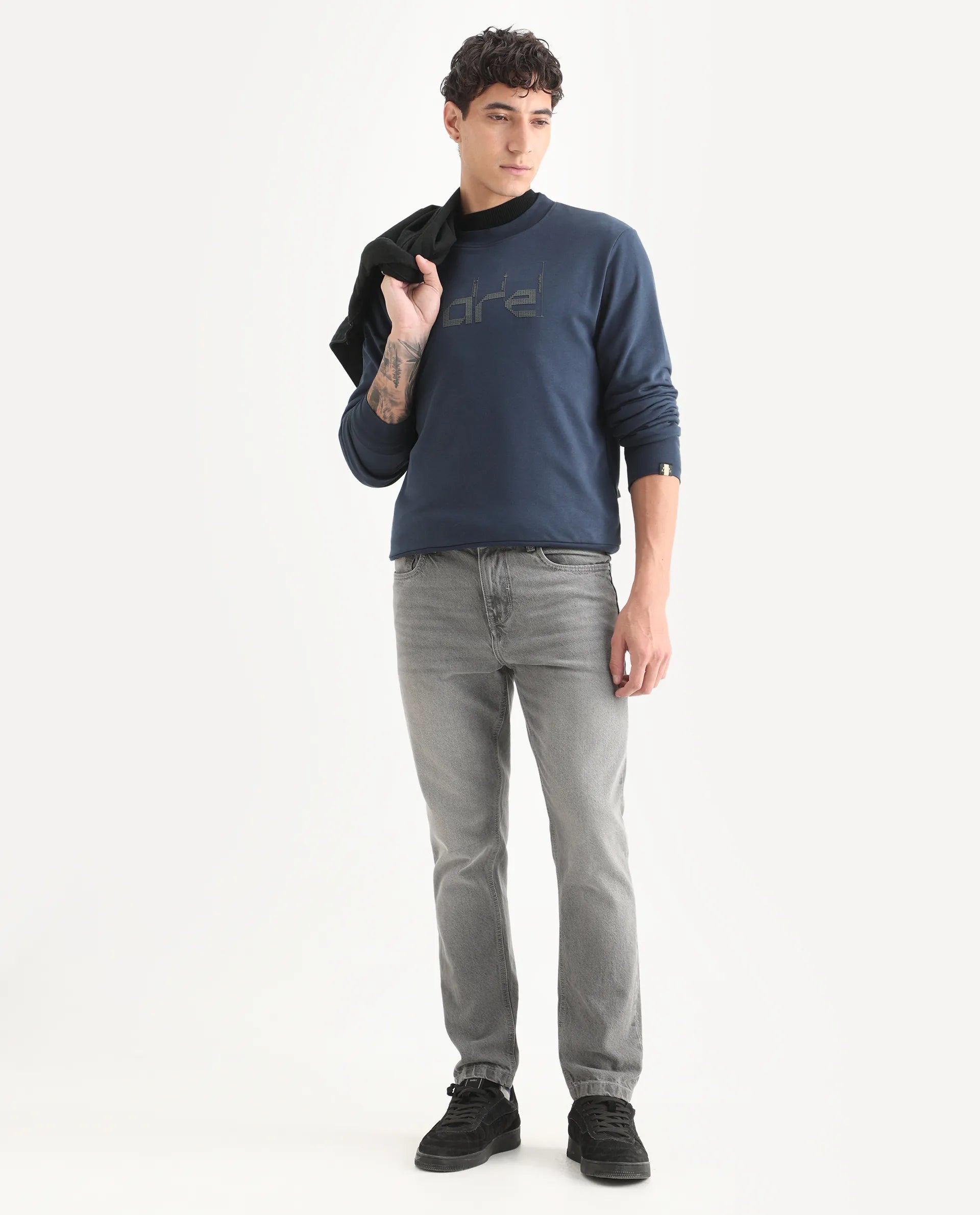 Rare Rabbit Men's Emry Navy Cotton Blend Graphic Print Regular Fit Full Sleeve Crew Neck Sweatshirt