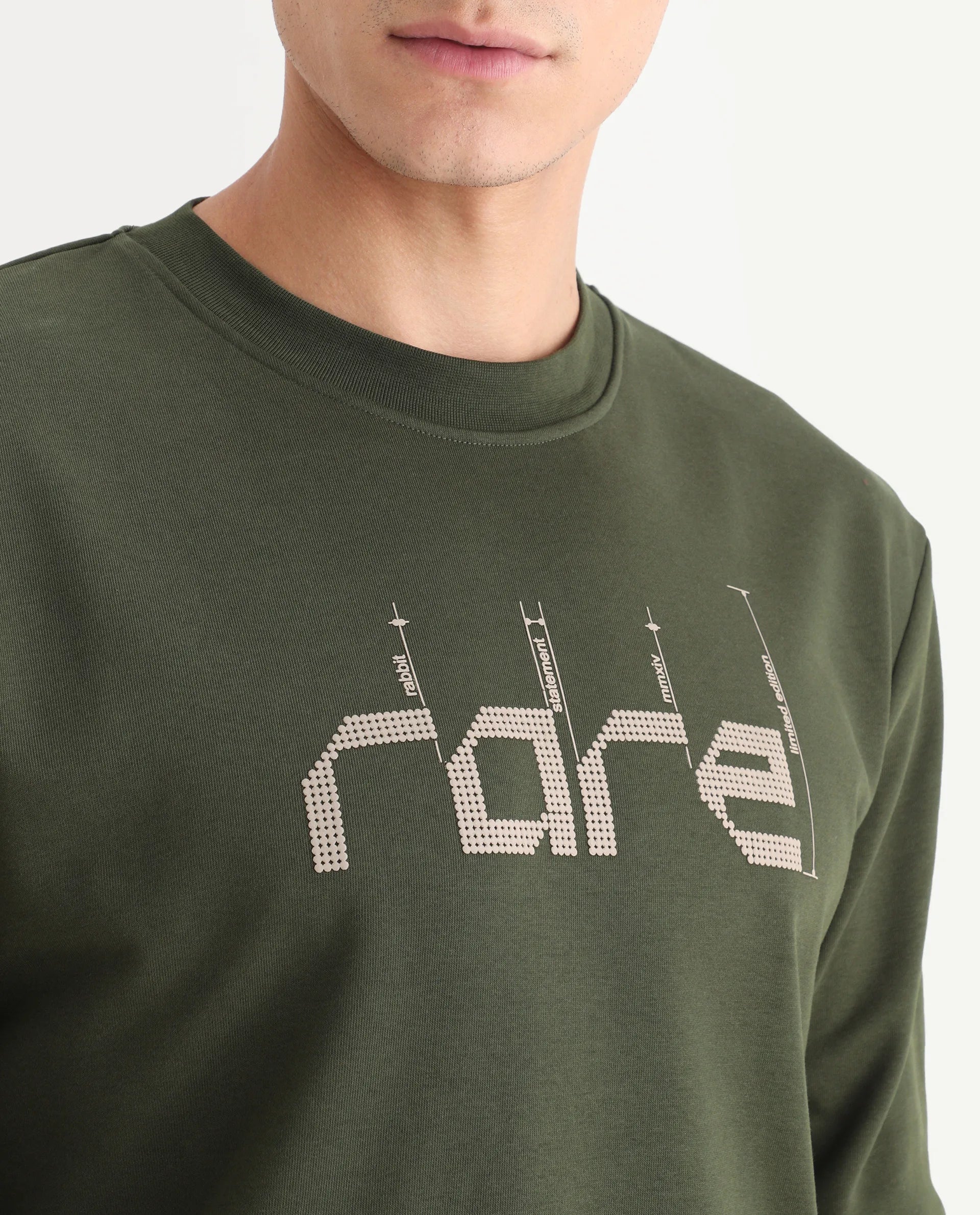 Rare Rabbit Men's Emry Olive Cotton Blend Graphic Print Regular Fit Full Sleeve Crew Neck Sweatshirt