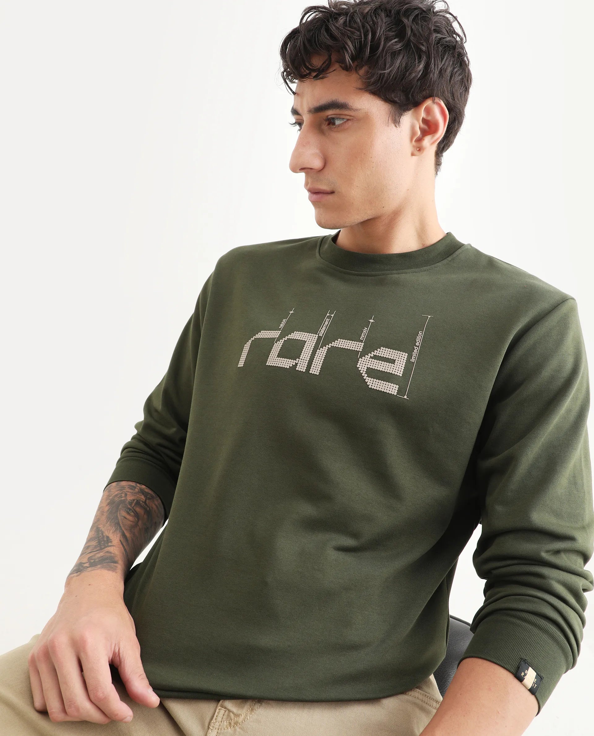 Rare Rabbit Men's Emry Olive Cotton Blend Graphic Print Regular Fit Full Sleeve Crew Neck Sweatshirt
