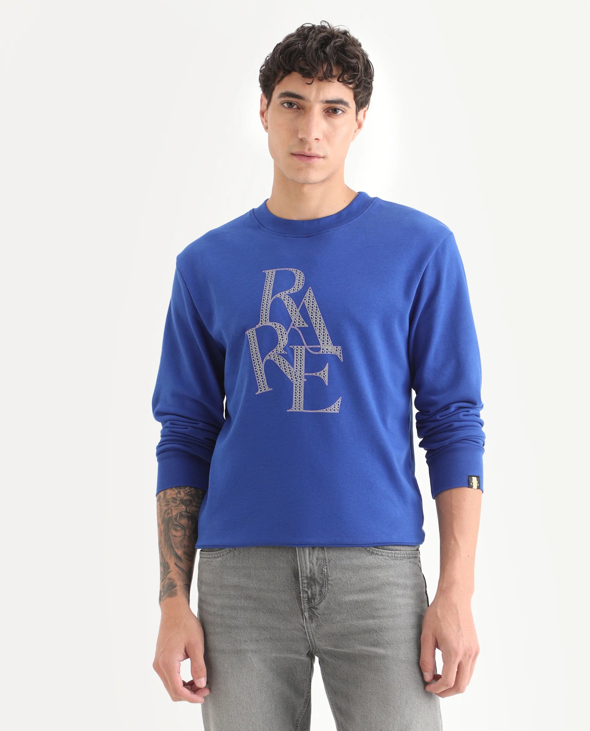 Rare Rabbit Men's Calixer Blue Graphic Print Regular Fit Full Sleeve Crew Neck Sweatshirt