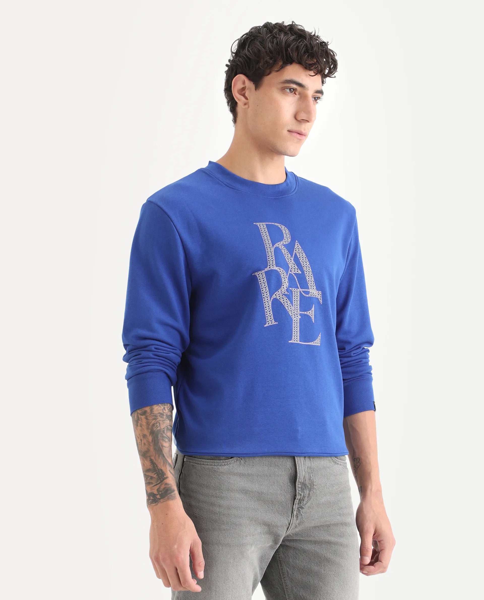 Rare Rabbit Men's Calixer Blue Graphic Print Regular Fit Full Sleeve Crew Neck Sweatshirt