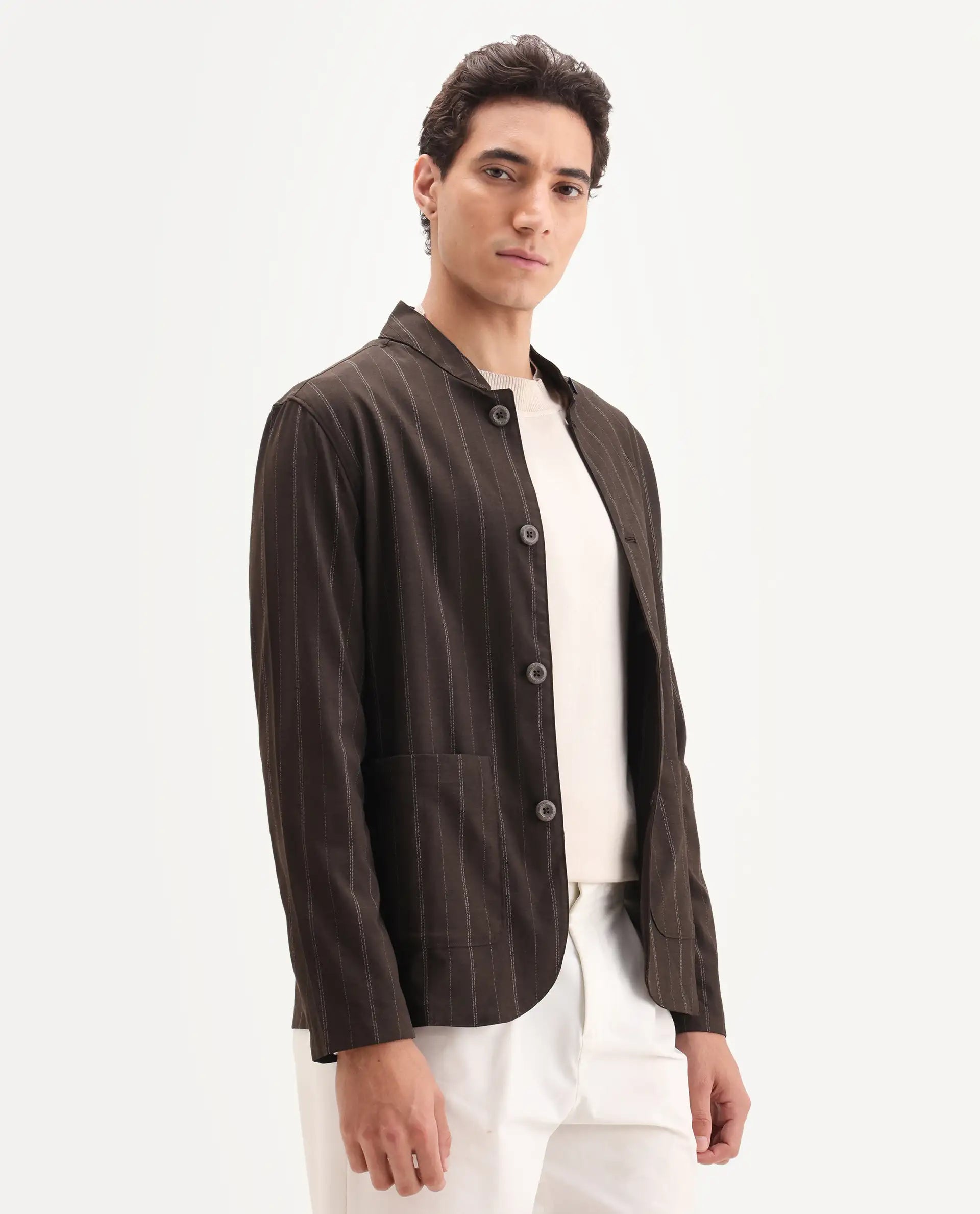 Rare Rabbit Men's Jars Brown Polyester Striped Print Regular Fit Full Sleeve Spread Collar Jacket