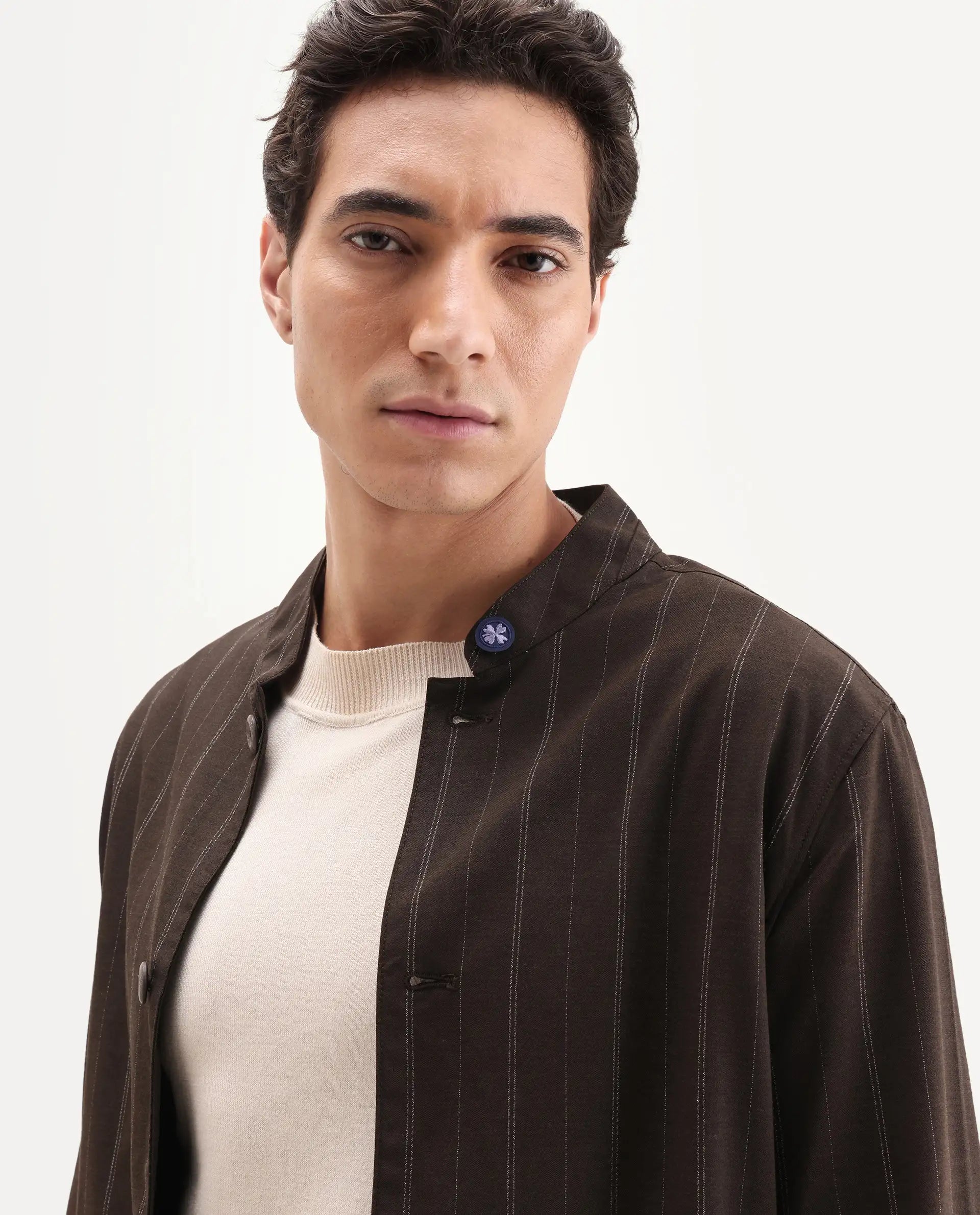 Rare Rabbit Men's Jars Brown Polyester Striped Print Regular Fit Full Sleeve Spread Collar Jacket