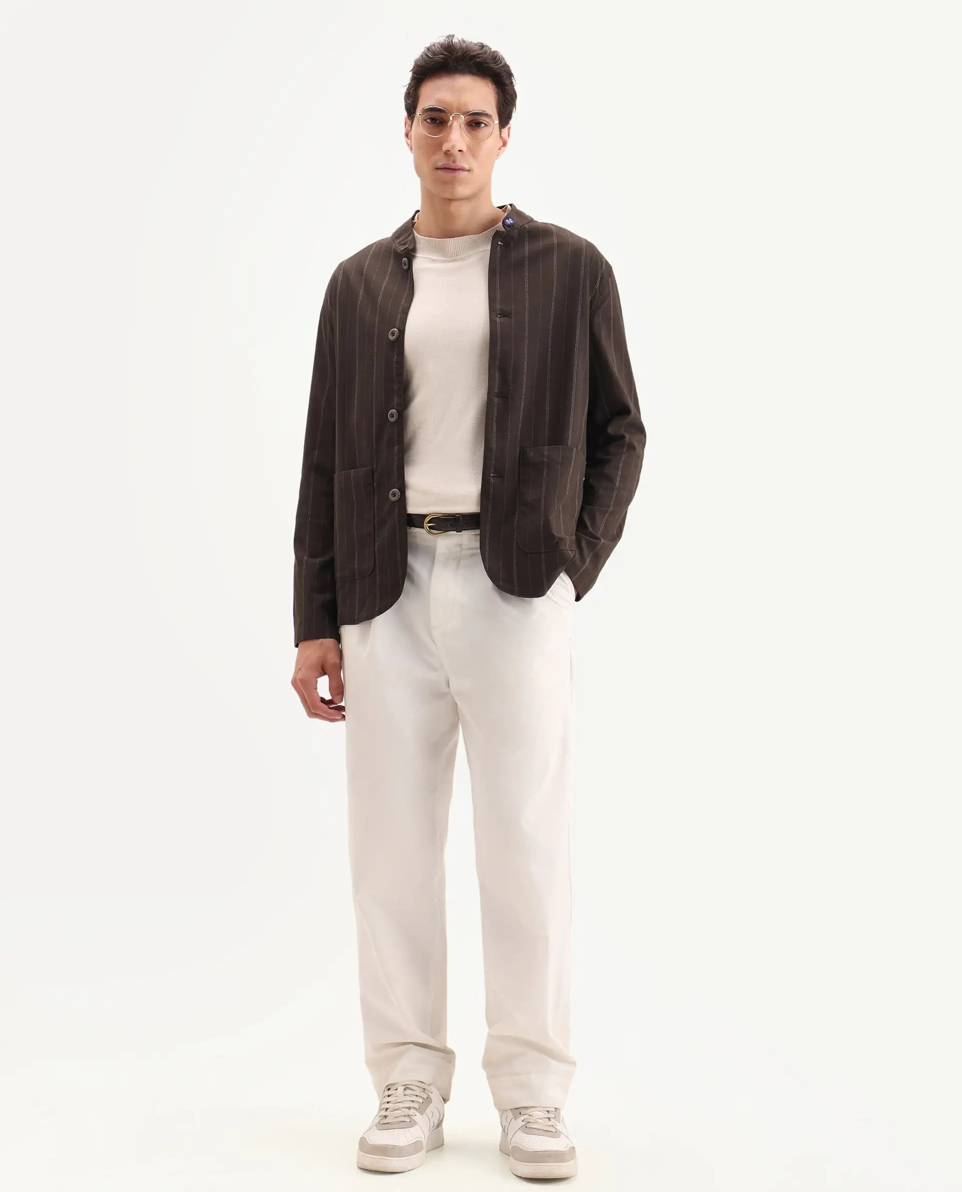 Rare Rabbit Men's Jars Brown Polyester Striped Print Regular Fit Full Sleeve Spread Collar Jacket