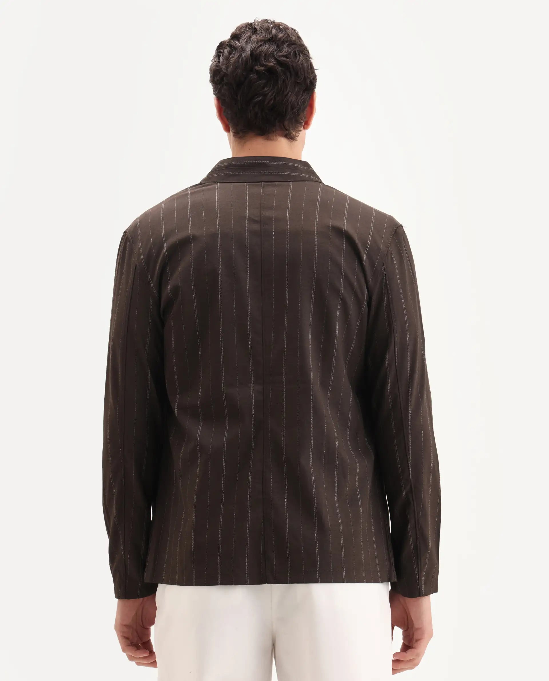 Rare Rabbit Men's Jars Brown Polyester Striped Print Regular Fit Full Sleeve Spread Collar Jacket